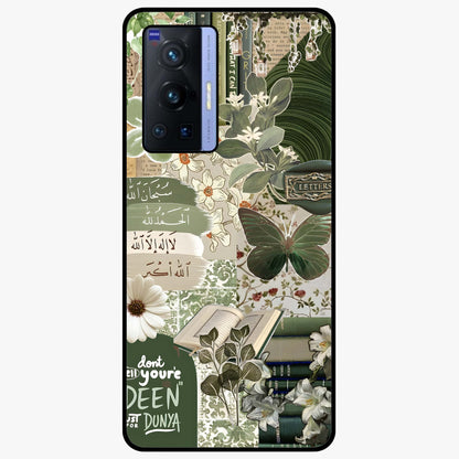 Green Islamic Books Quotes Glass Case showing flat back view with Islamic quotes and book themed artwork and glossy glass finish.