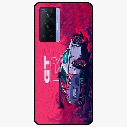 GT-R Car Pattern Glass Case showing flat back view with sporty car inspired pattern artwork and glossy glass finish.
