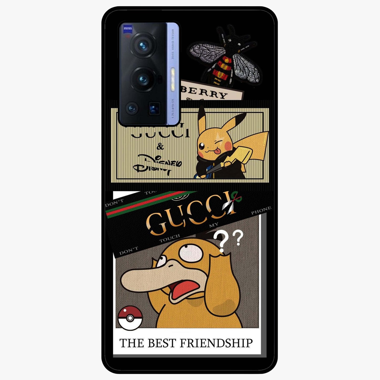 Gucci Play Mashup Glass Case showing flat back view with luxury inspired graphic artwork and glossy glass finish.