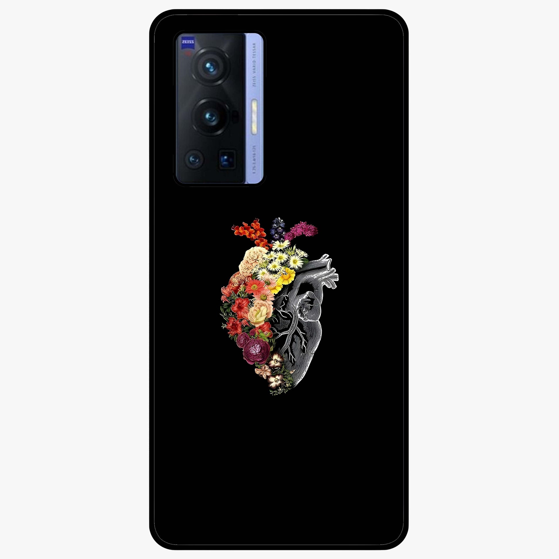Heart With Flowers Glass Case showing flat back view with heart shaped floral artwork and glossy glass finish.