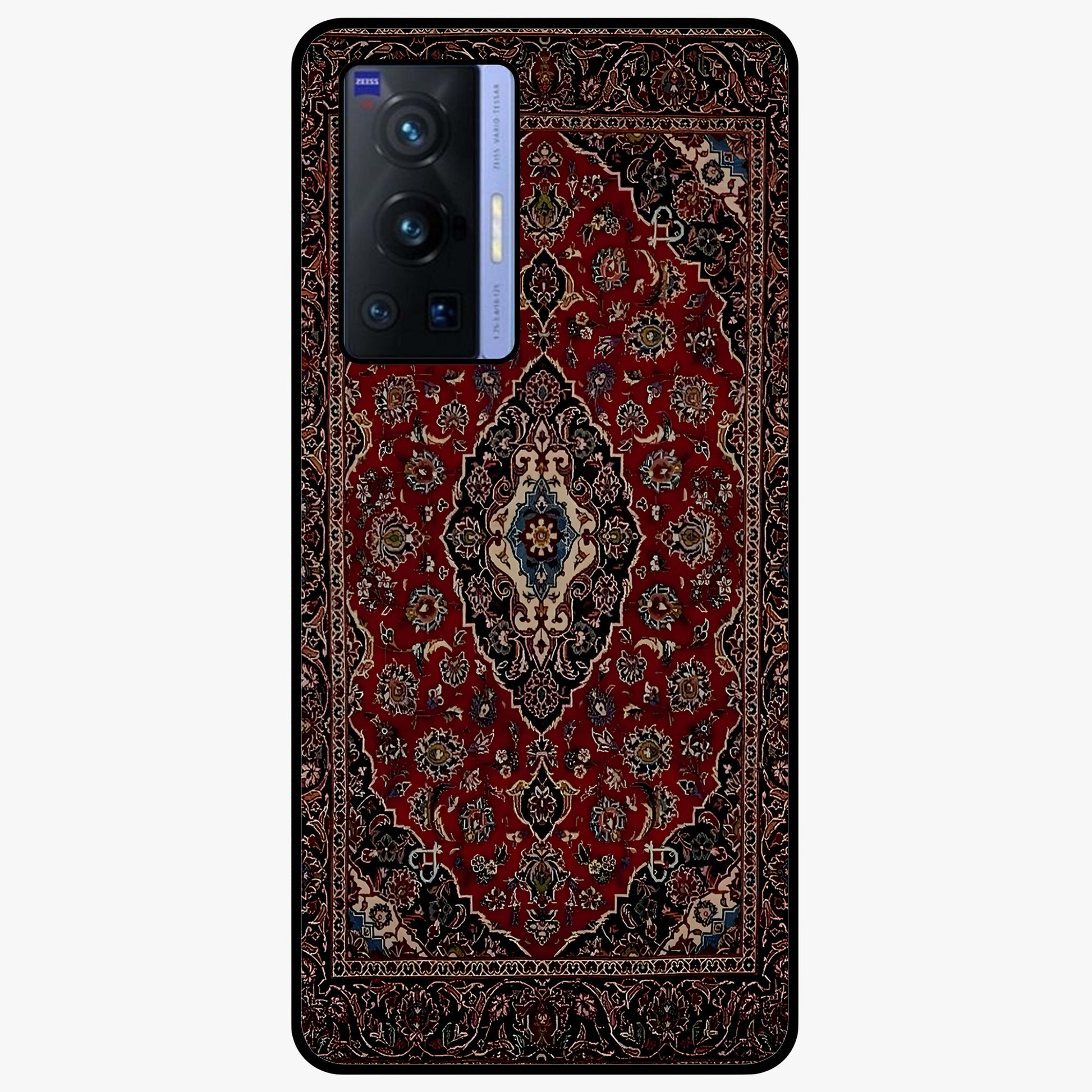 Heritage Carpet Royale Glass Case showing flat back view with ornate Persian carpet inspired pattern and glossy glass finish.