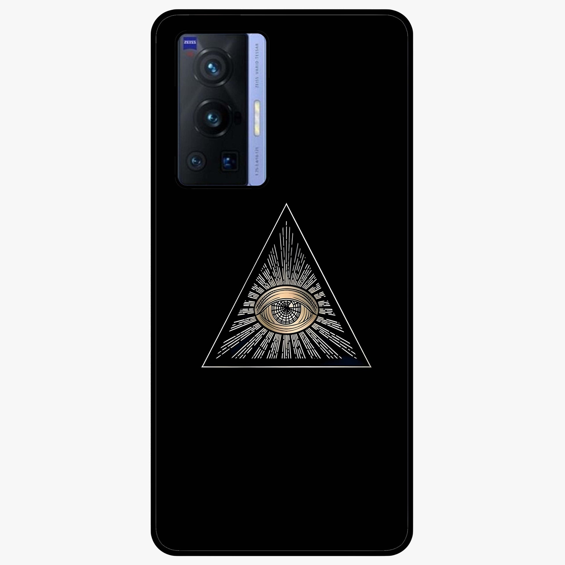 Illuminati Evil Glass Case showing flat back view with mysterious illuminati symbol artwork and glossy glass finish.