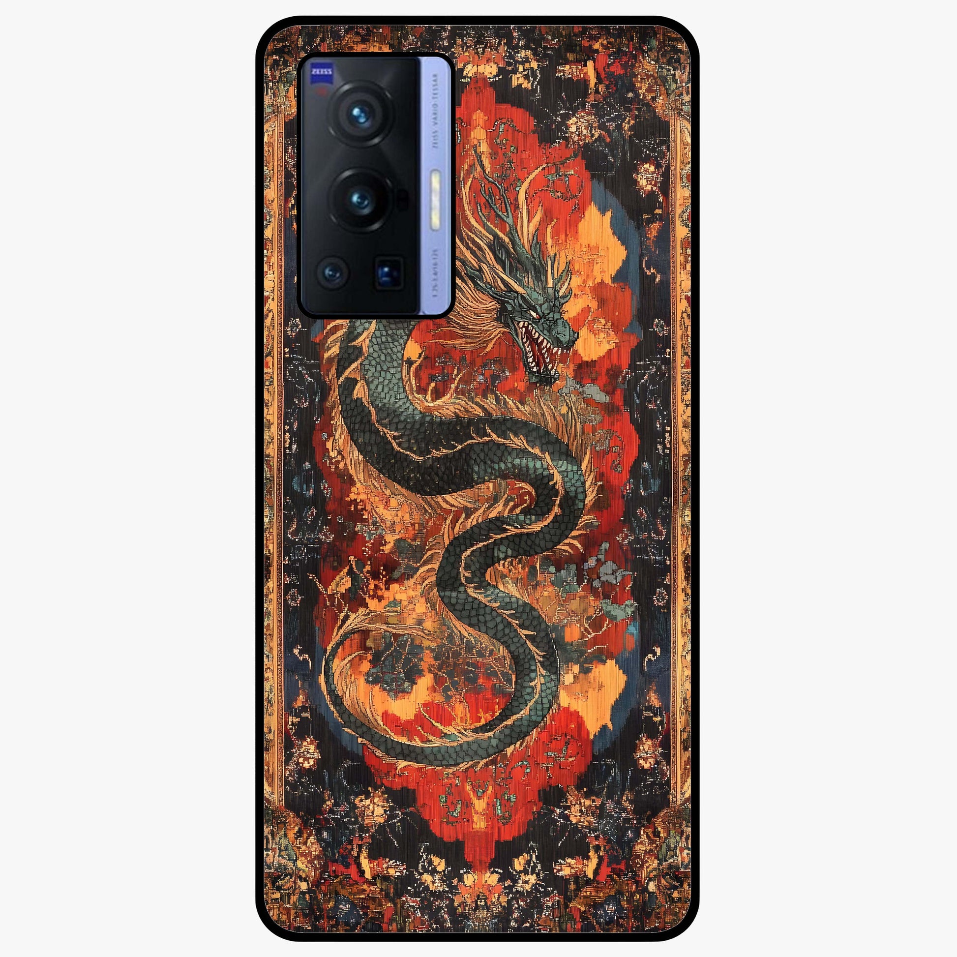 Inferno Dragon Soul Glass Case showing flat back view with fiery dragon artwork and glossy glass finish.