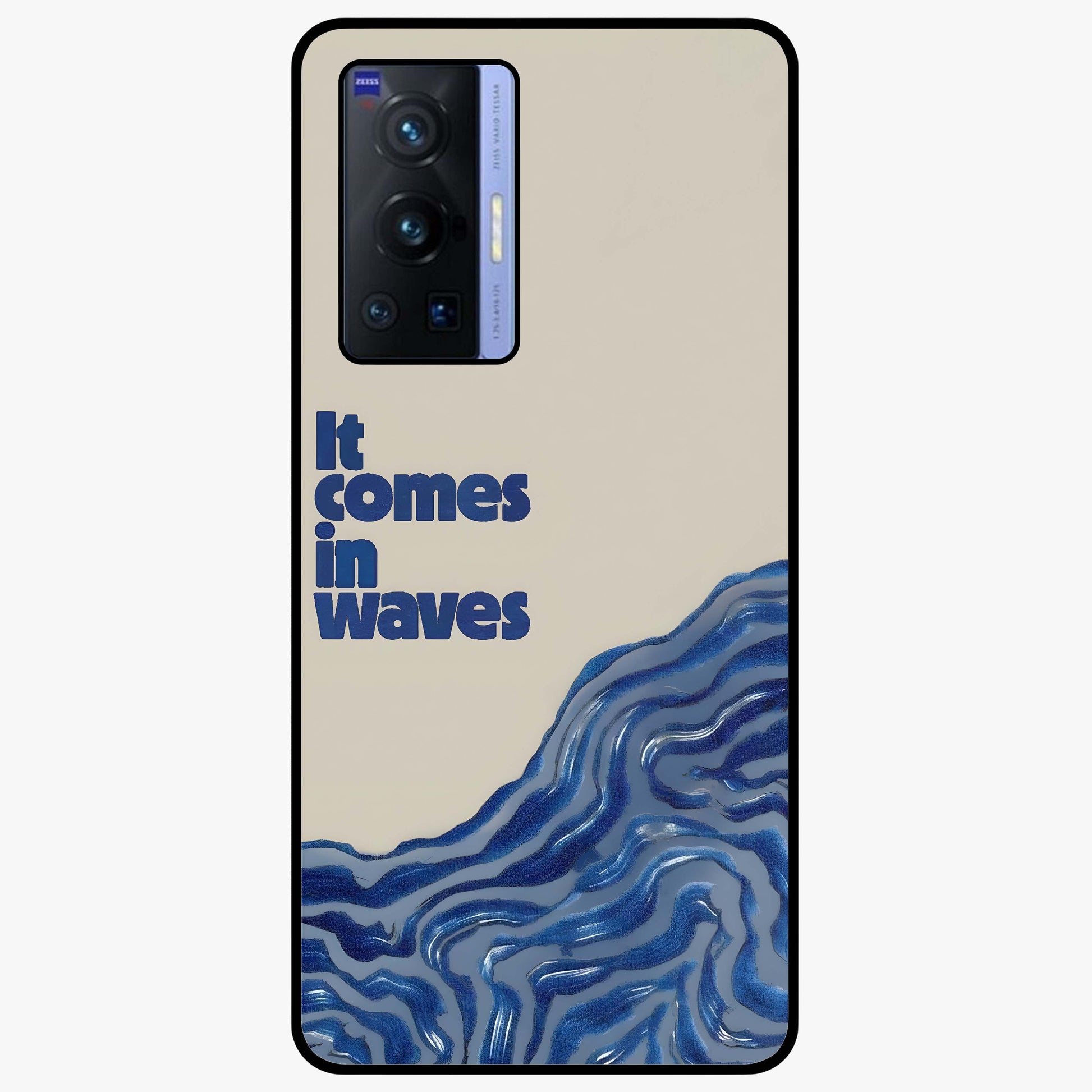 It Comes In Waves Quote Glass Case showing flat back view with inspirational wave themed quote artwork and glossy glass finish.
