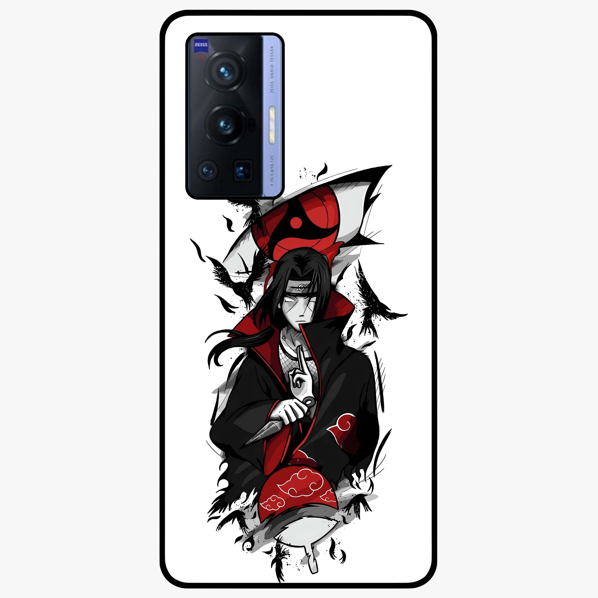 Itachi Sharingan Glass Case showing flat back view with powerful anime eye artwork and glossy glass finish.