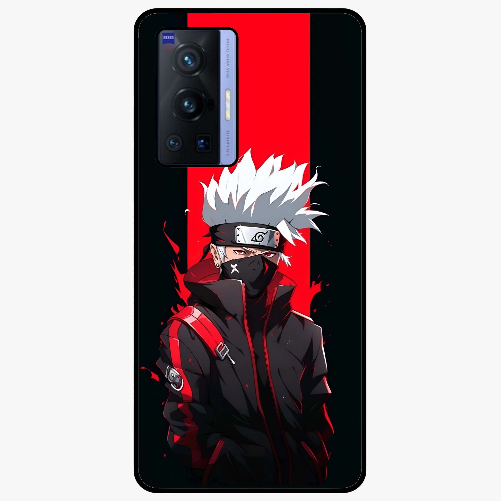 Kakashi Scarlet Shadow Glass Case showing flat back view with powerful anime ninja artwork and glossy glass finish.