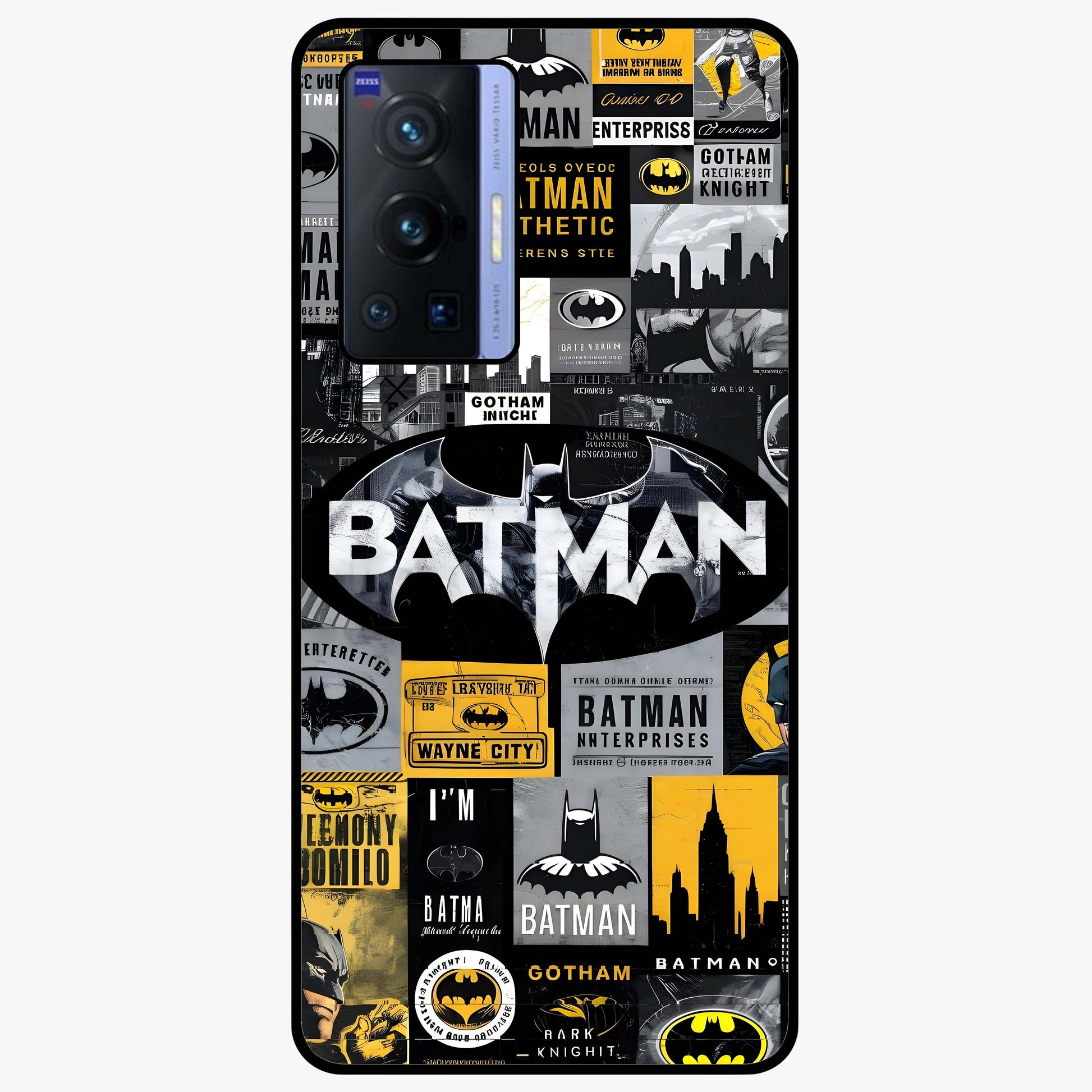 Knight Gotham Rise Glass Case showing flat back view with dark hero inspired artwork and glossy glass finish.