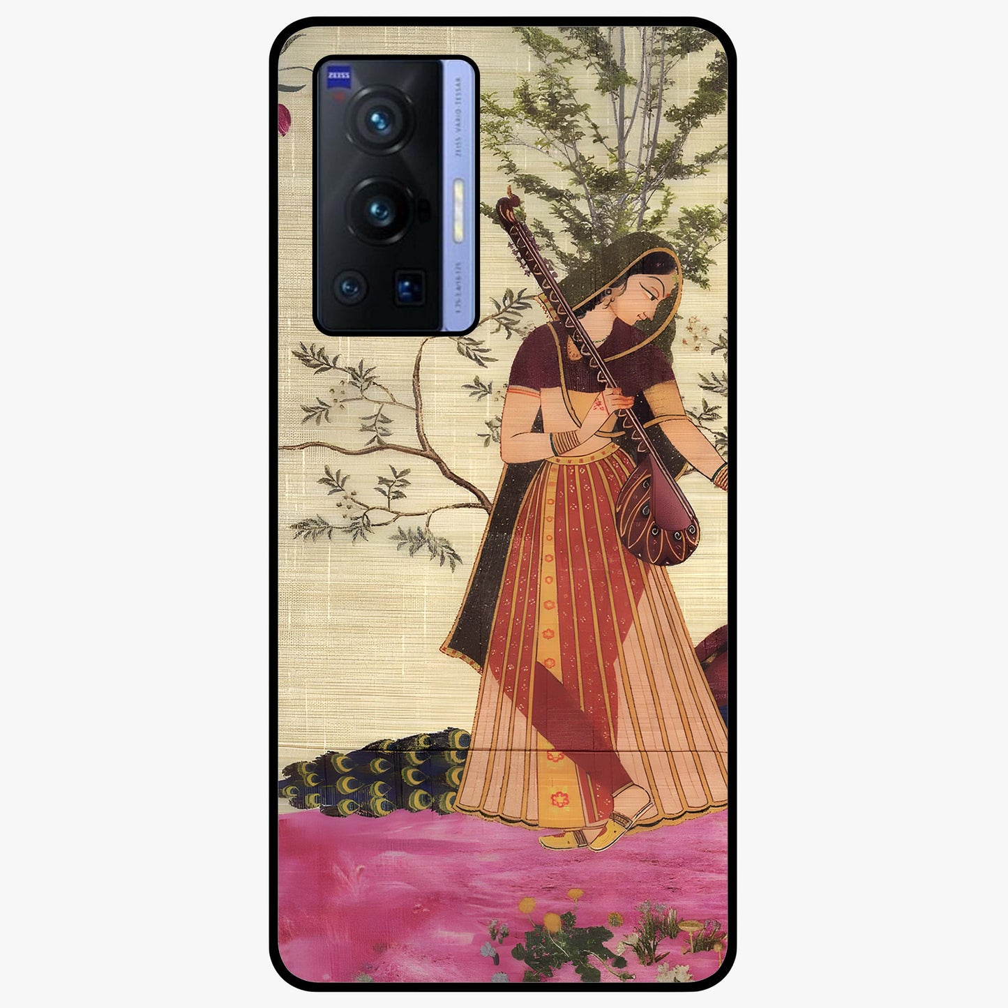 Lady With Veena Art Glass Case showing flat back view with elegant woman playing veena artwork and glossy glass finish.