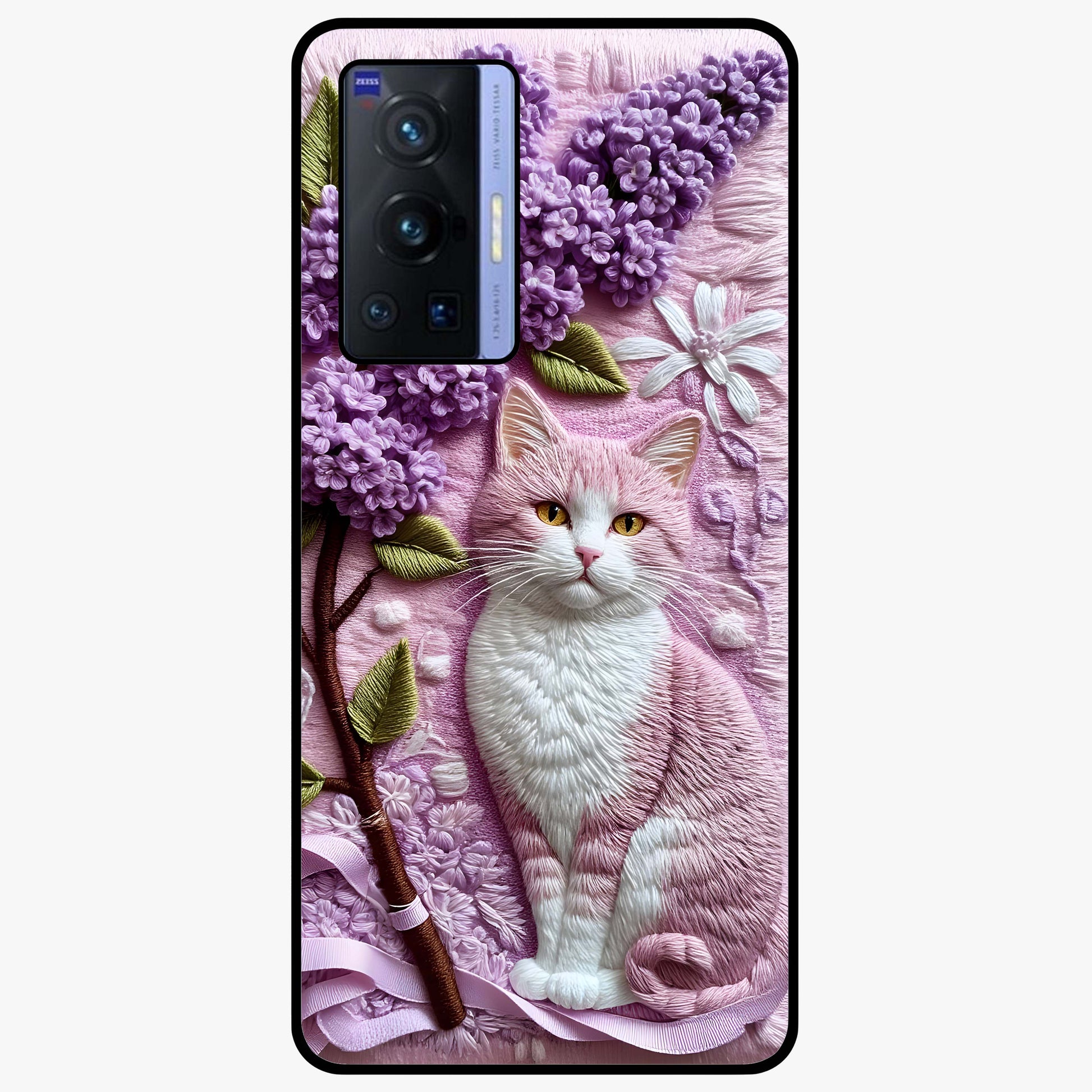 Lavender Cat Whimsy Glass Case showing flat back view with cute lavender cat artwork and glossy glass finish.