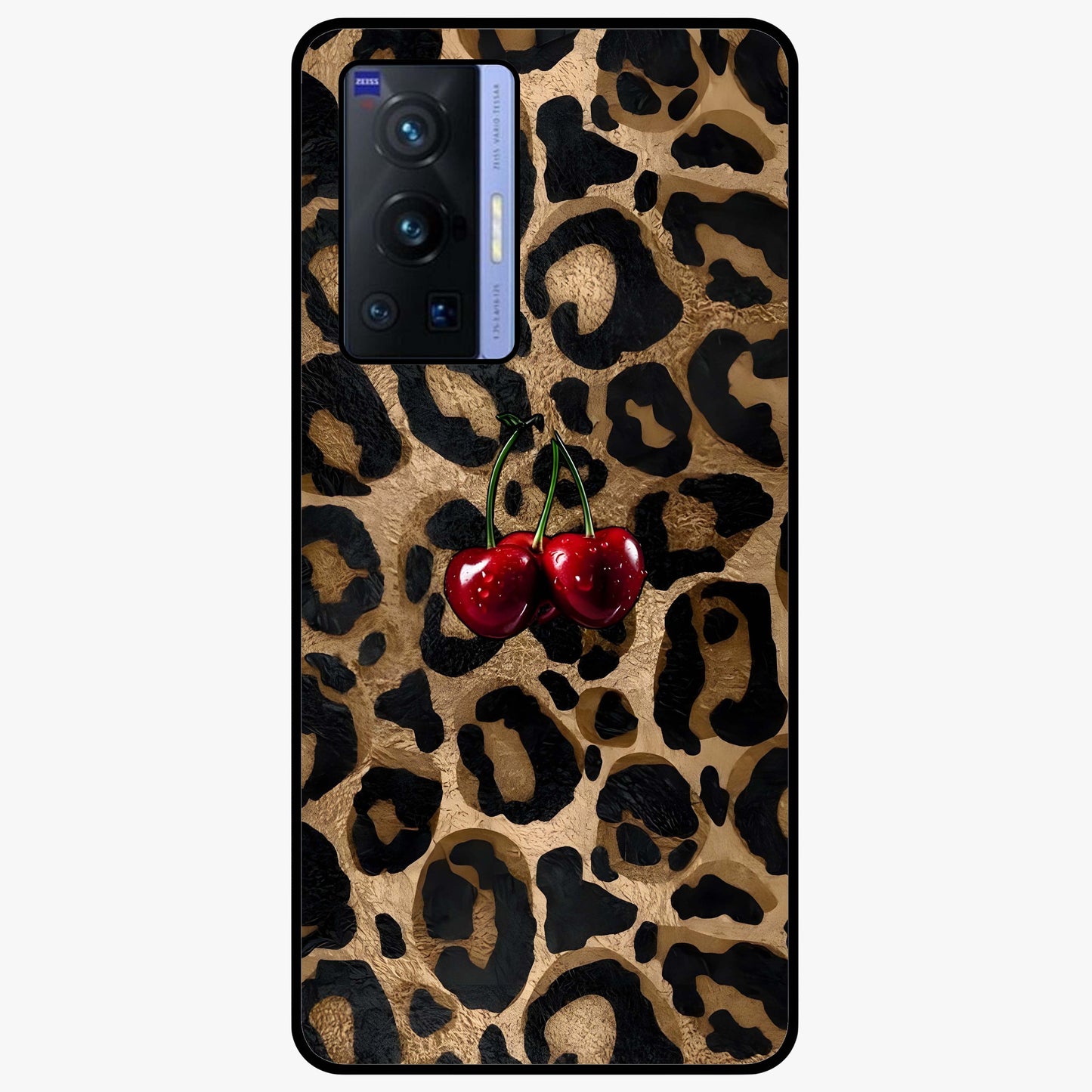 Leopard Wild Cherry Glass Case showing flat back view with leopard pattern and cherry artwork and glossy glass finish.