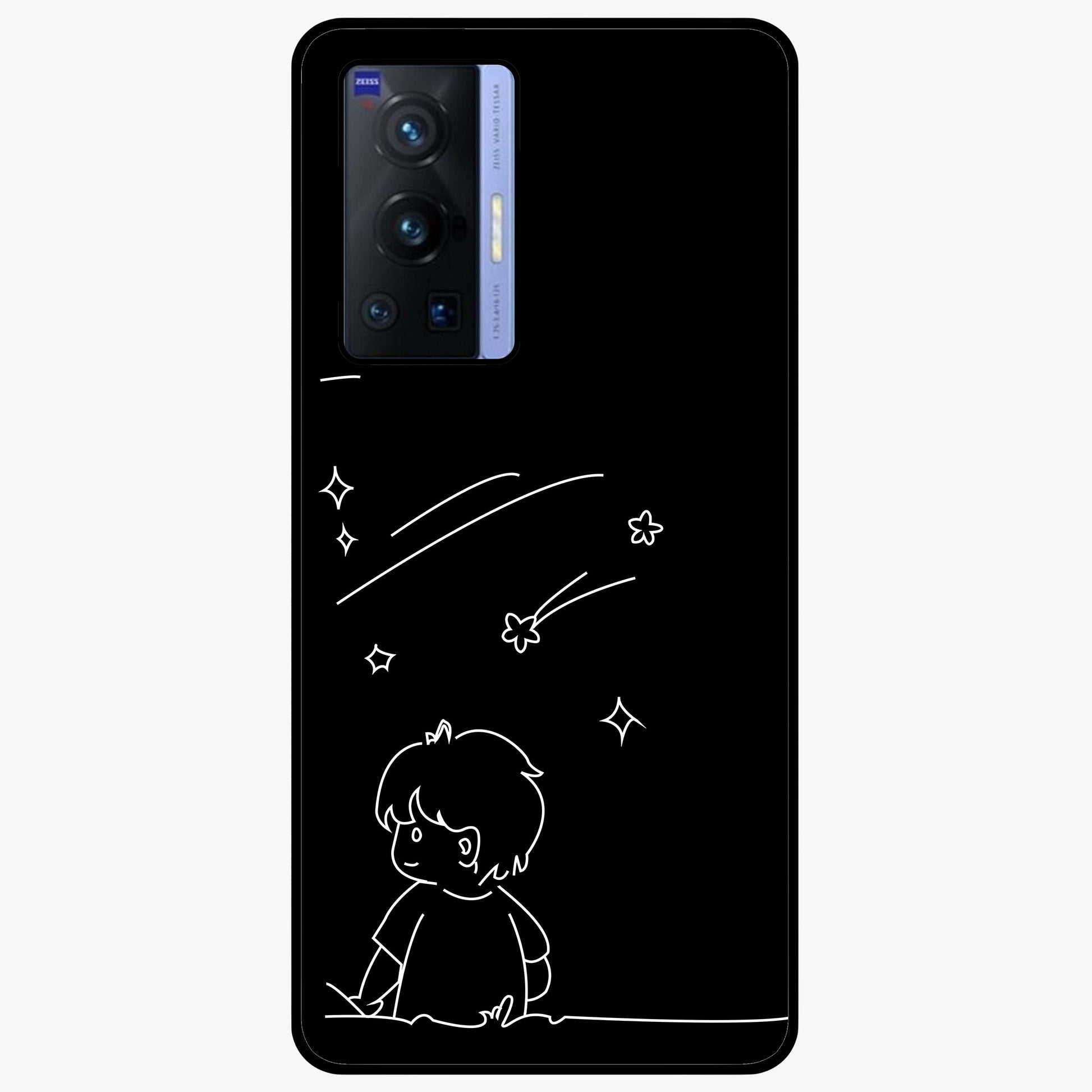 Line Art Boy With Shooting Stars Glass Case showing flat back view with minimal line art boy and shooting stars illustration and glossy glass finish.