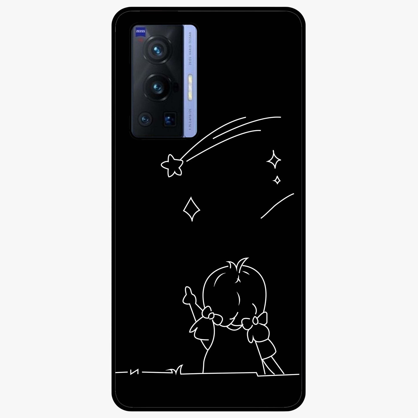Line Art Girl With Shooting Stars Glass Case showing flat back view with minimal line art girl and shooting stars illustration and glossy glass finish.