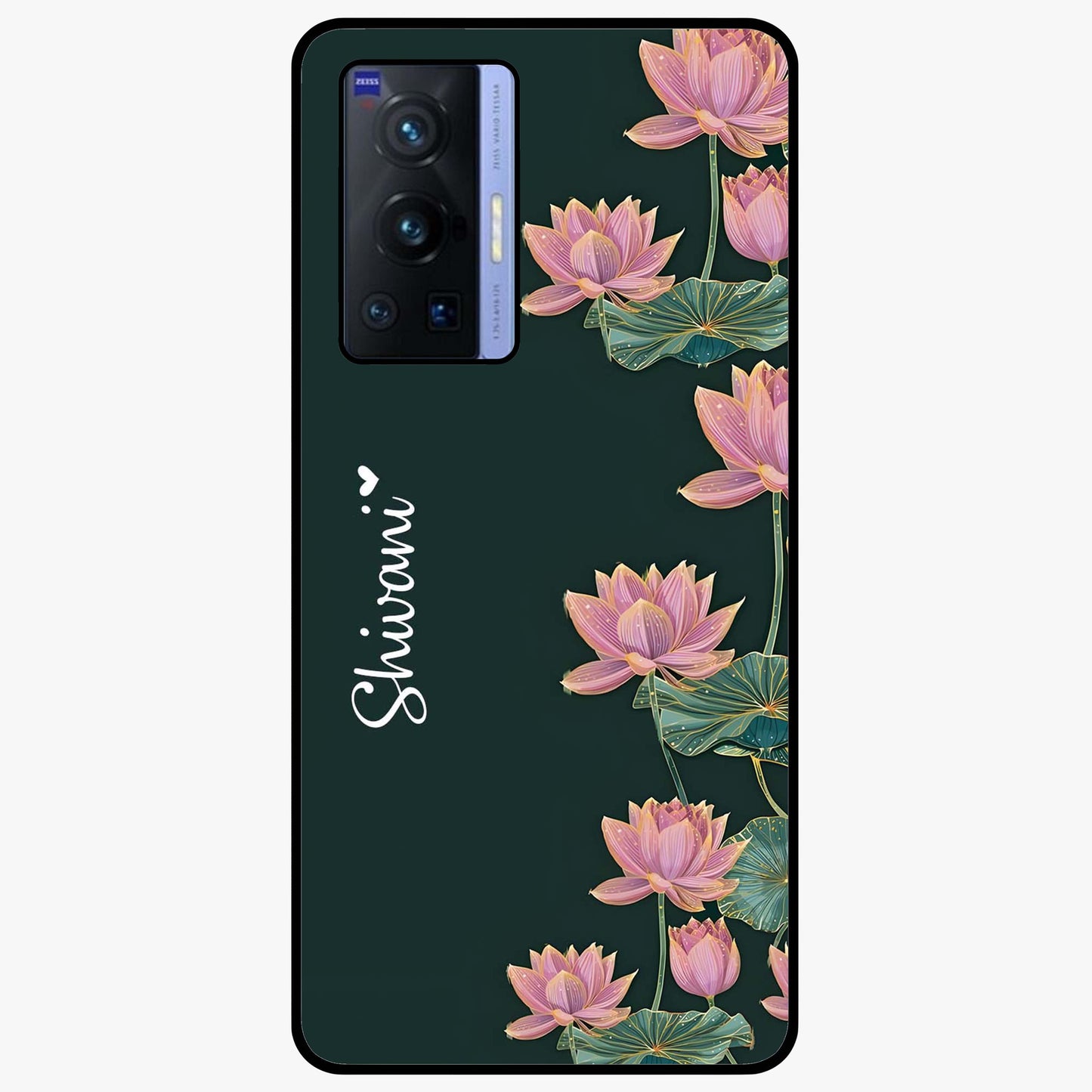 Lotus Bloom Serenity Custom Name Glass Case showing flat back view with elegant lotus flower artwork and personalized name design.