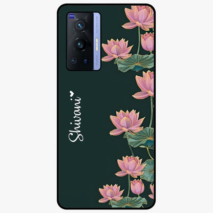 Lotus Bloom Serenity Custom Name Glass Case showing flat back view with elegant lotus flower artwork and personalized name design.