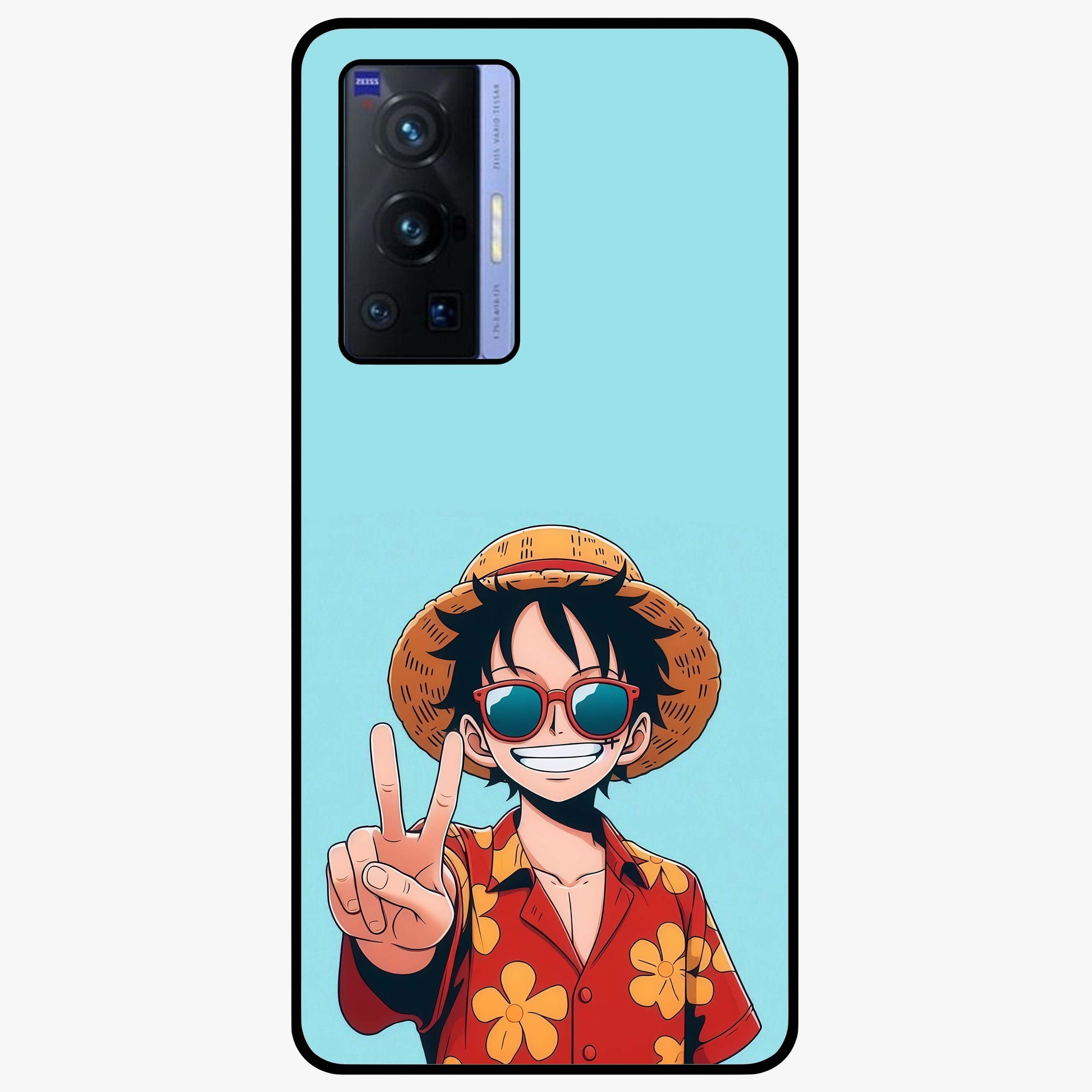 Luffy Summer Anime Vibe Glass Case showing flat back view with vibrant anime character artwork and glossy glass finish.