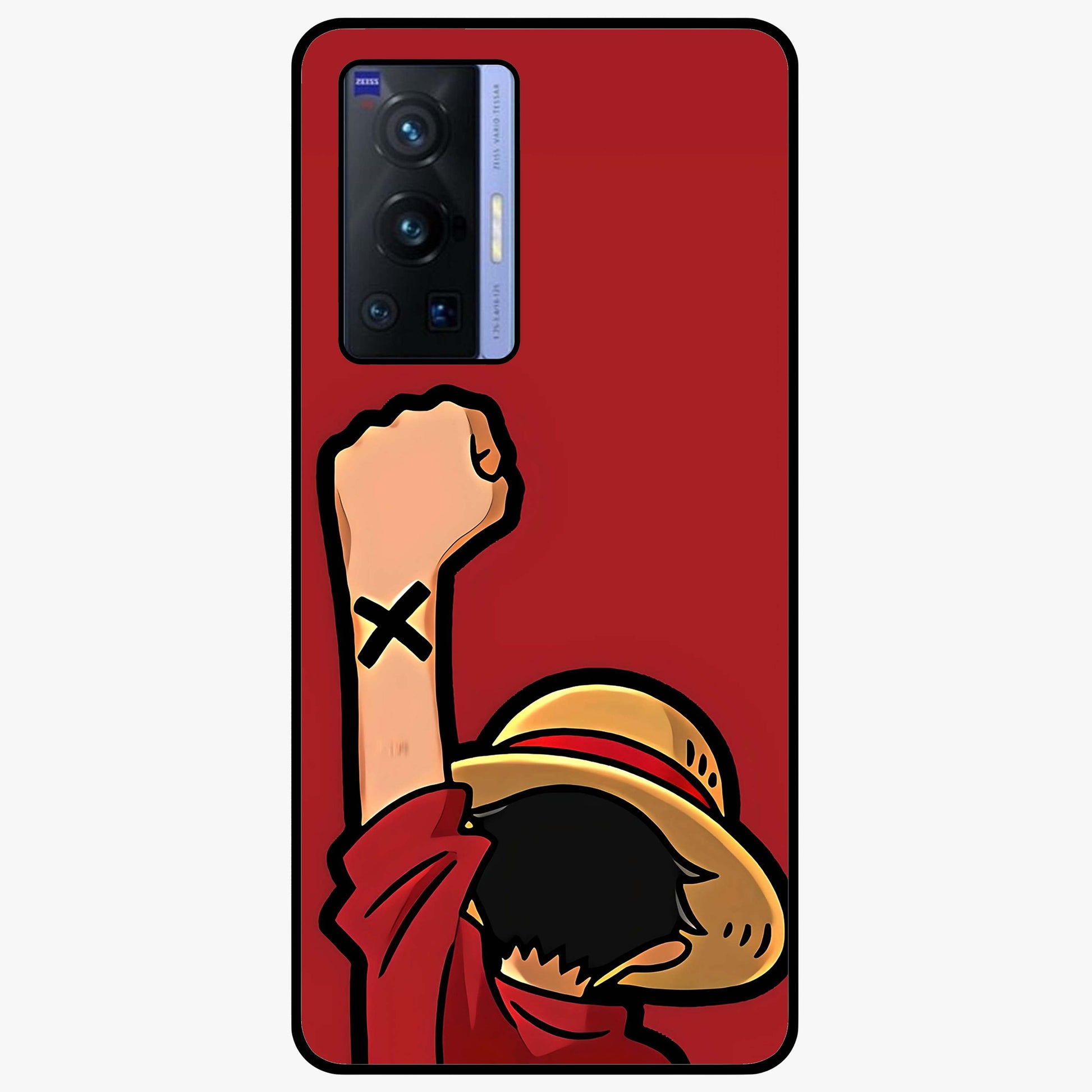 Luffy X Spirit Glass Case showing flat back view with bold anime character artwork and glossy glass finish.