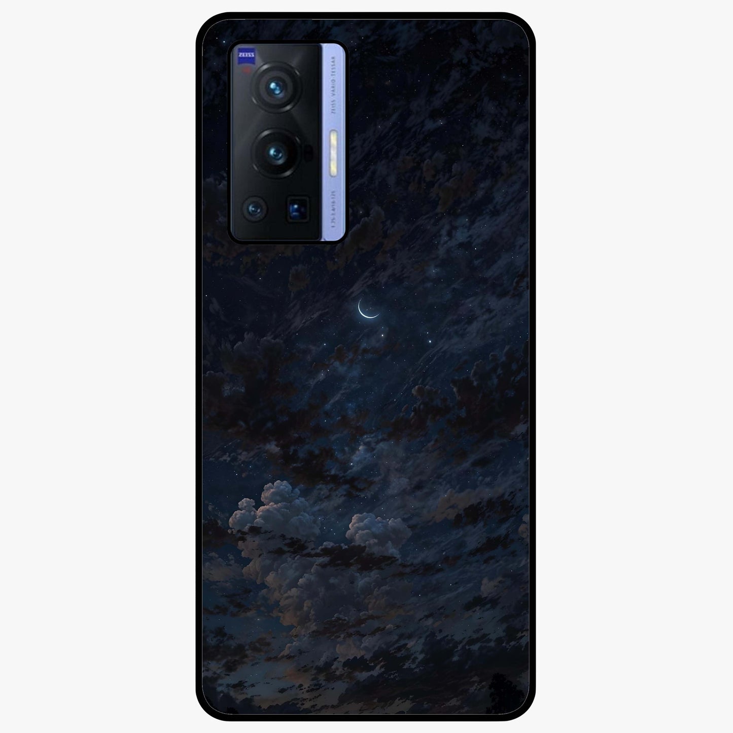 Lunar Veil Silence Glass Case showing flat back view with mystical moon veil artwork and glossy glass finish.