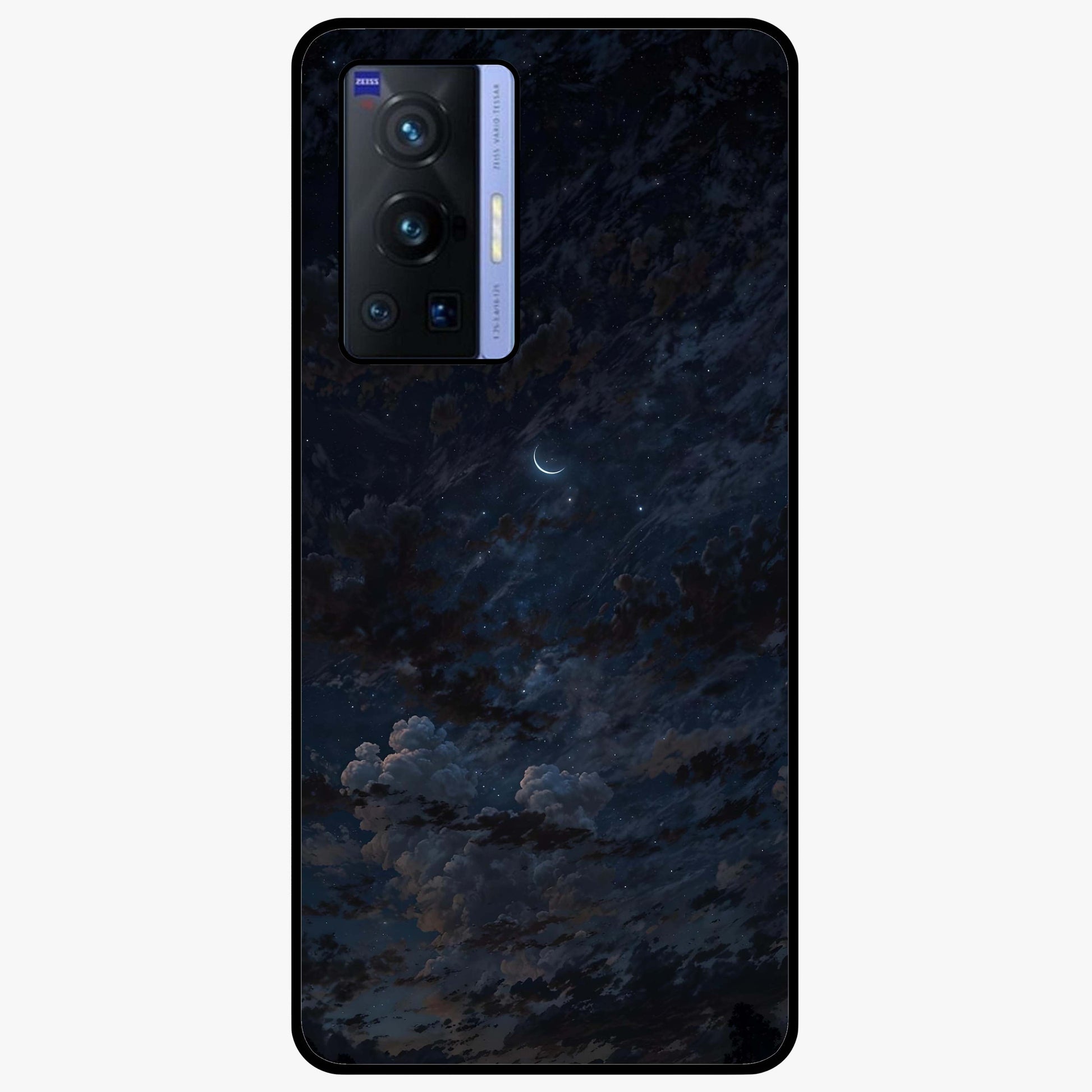 Lunar Veil Silence Glass Case showing flat back view with mystical moon veil artwork and glossy glass finish.