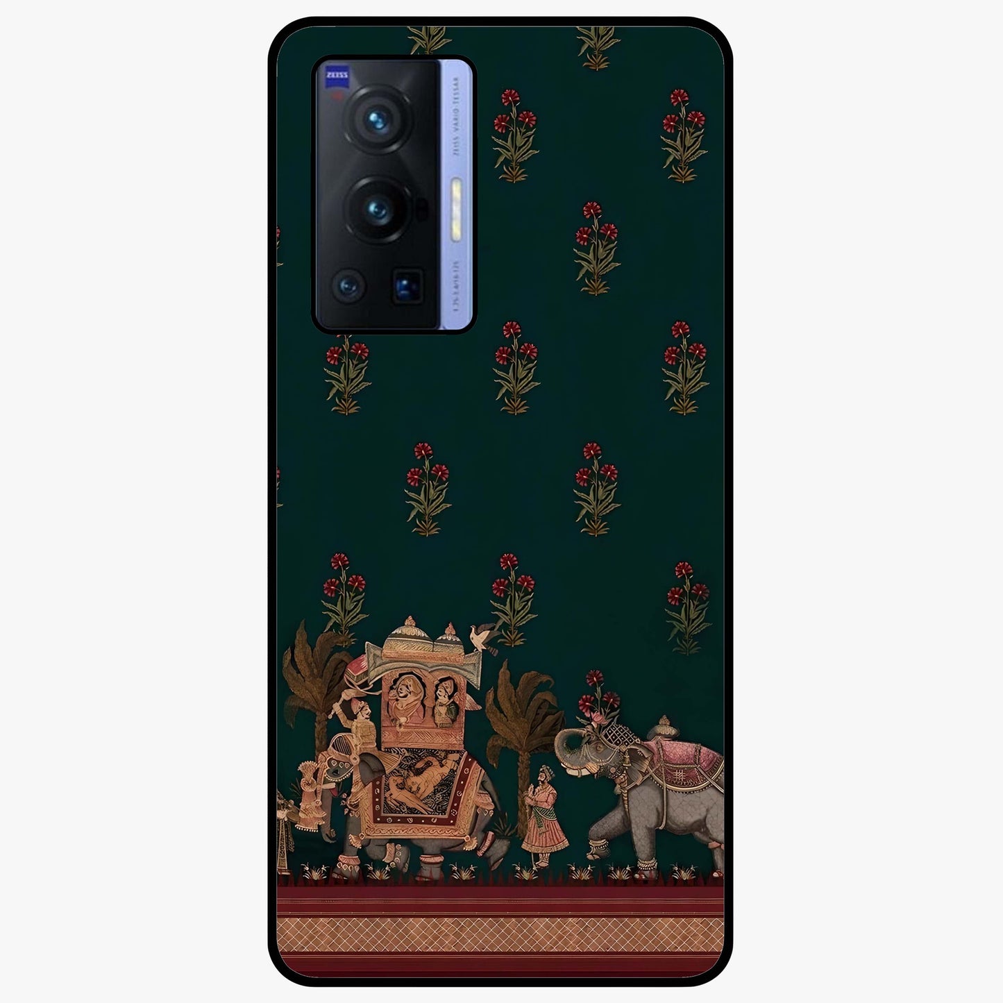 Macmerise Glass Case showing flat back view with stylish modern artwork and glossy glass finish.