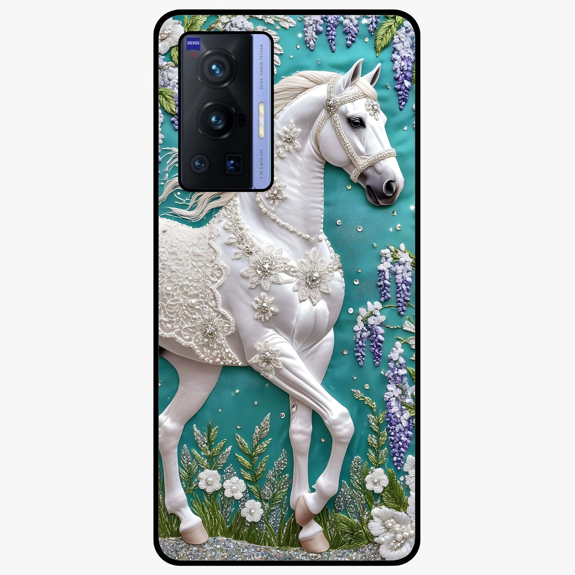Majestic Floral Stallion Glass Case showing flat back view with powerful horse and floral artwork and glossy glass finish.