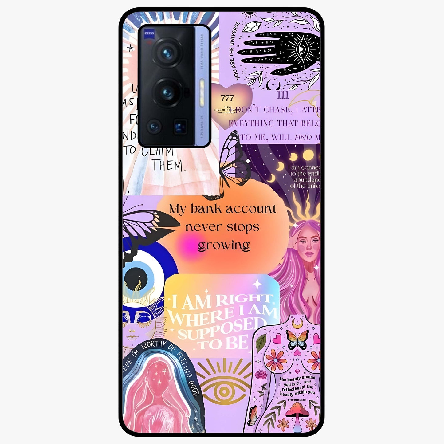 Manifestation Collage Glass Case showing flat back view with motivational collage artwork and glossy glass finish.