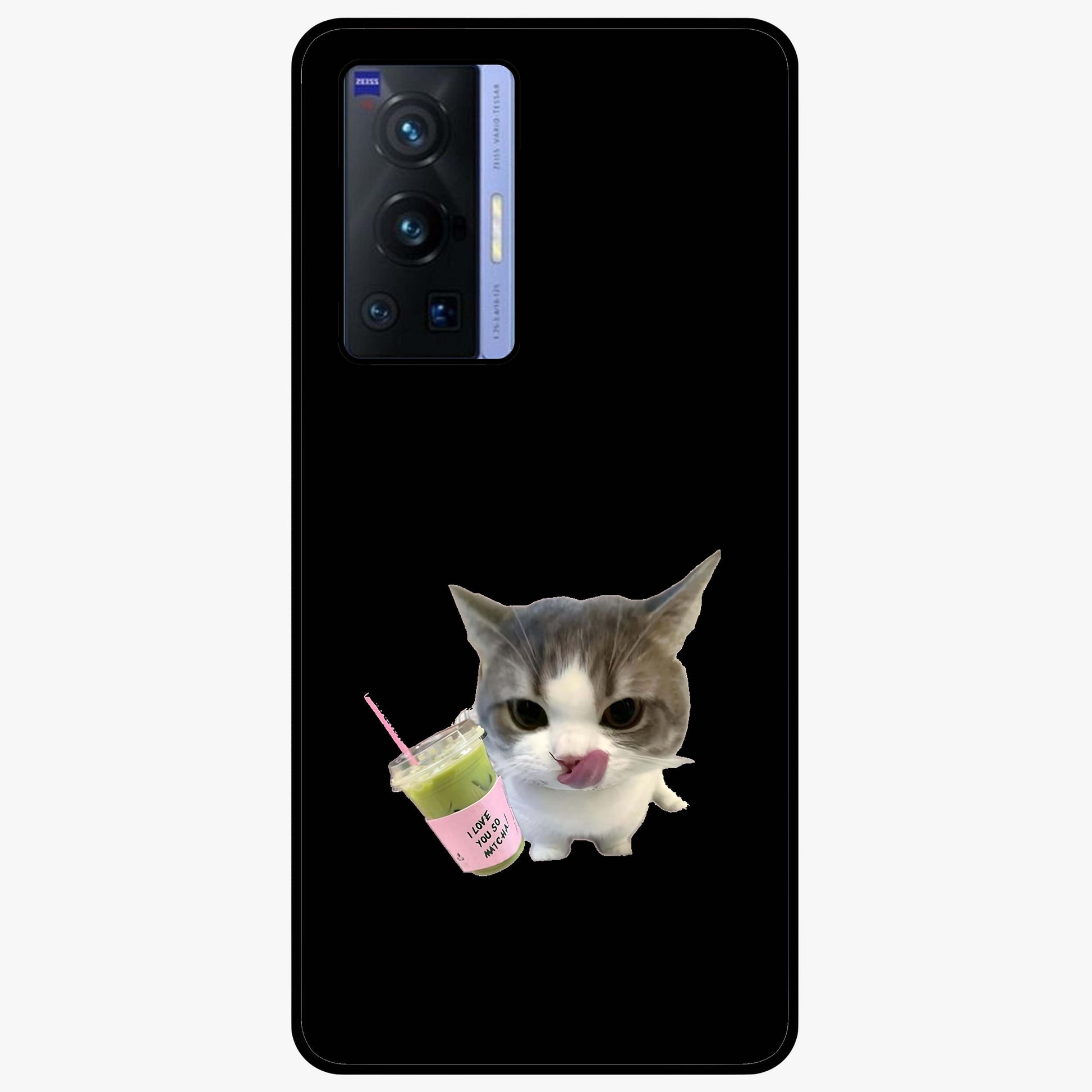 Matcha Cat Style Glass Case showing flat back view with cute matcha themed cat artwork and glossy glass finish.