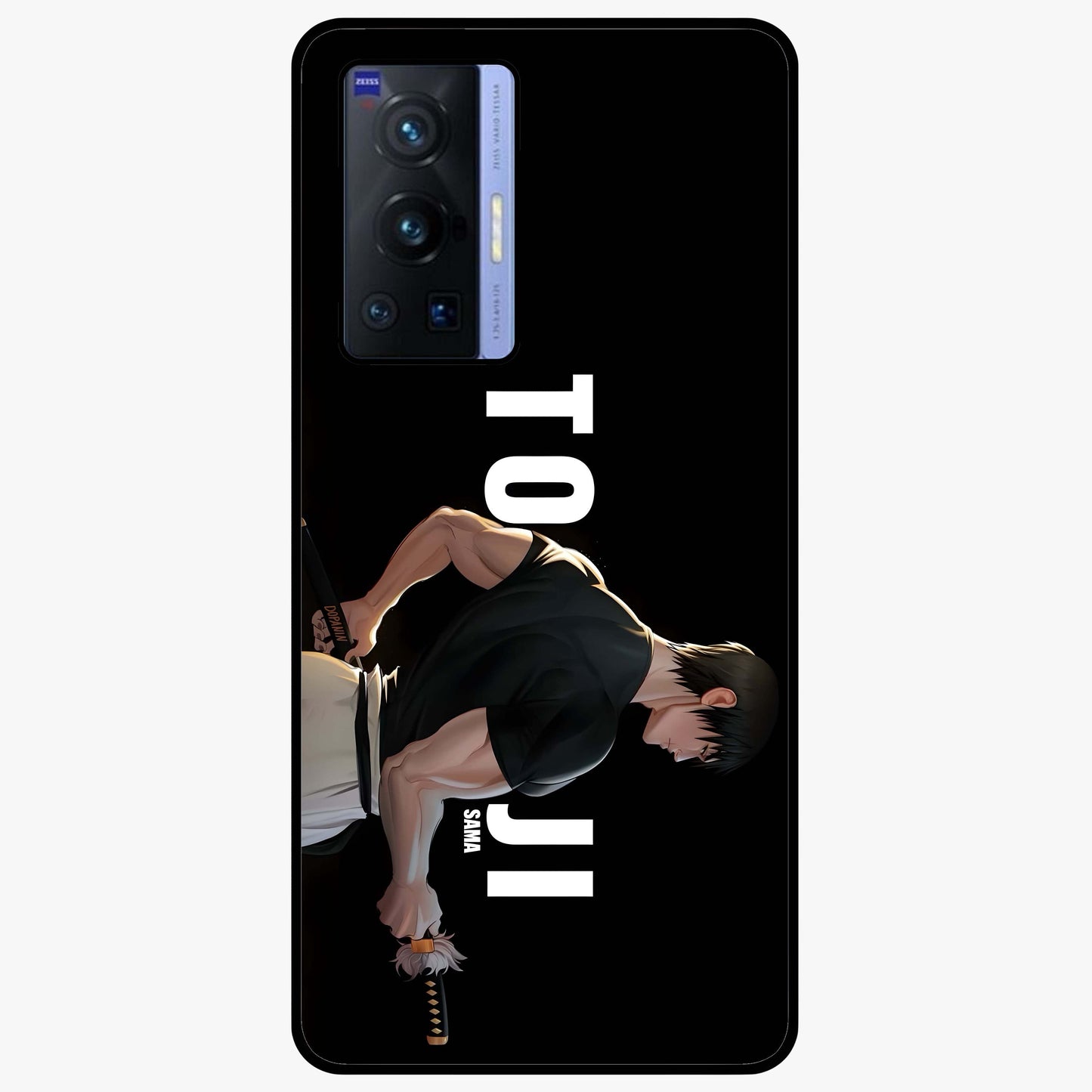 Midnight Blade Resolve Glass Case showing flat back view with dark warrior sword artwork and glossy glass finish.