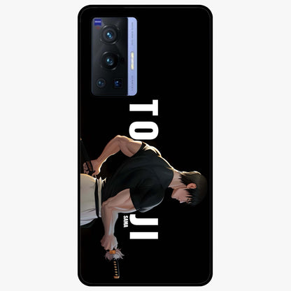 Midnight Blade Resolve Glass Case showing flat back view with dark warrior sword artwork and glossy glass finish.