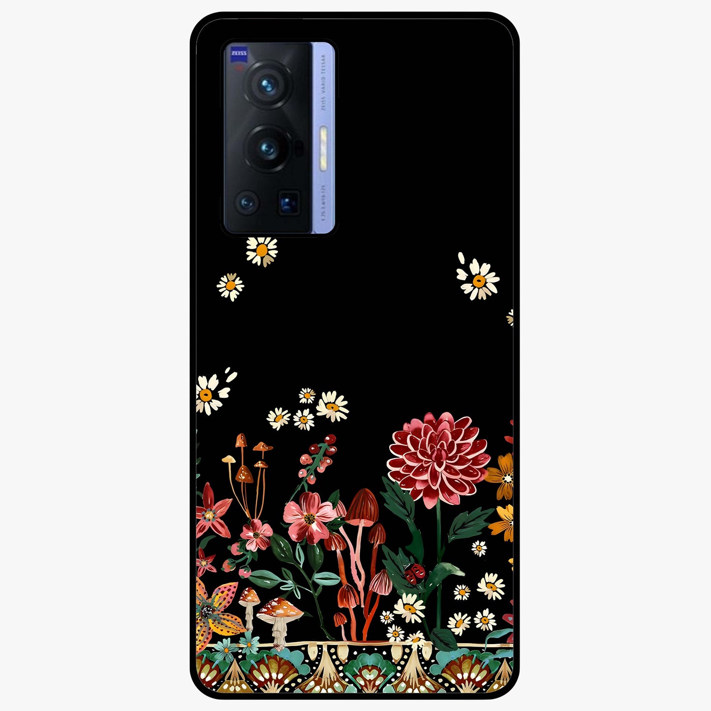Midnight Bloom Pattern Glass Case showing flat back view with dark floral pattern artwork and glossy glass finish.