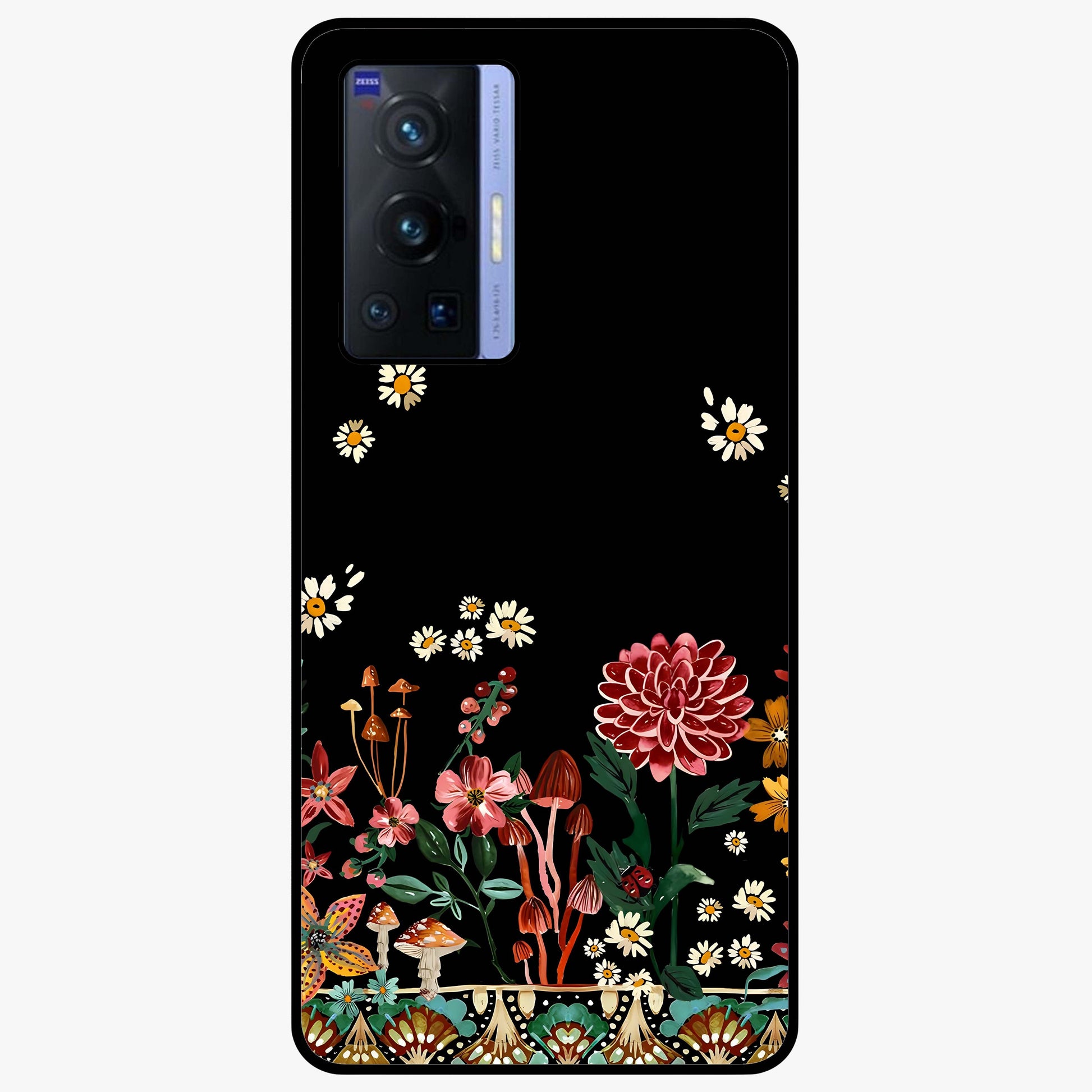 Midnight Bloom Pattern Glass Case showing flat back view with dark floral pattern artwork and glossy glass finish.
