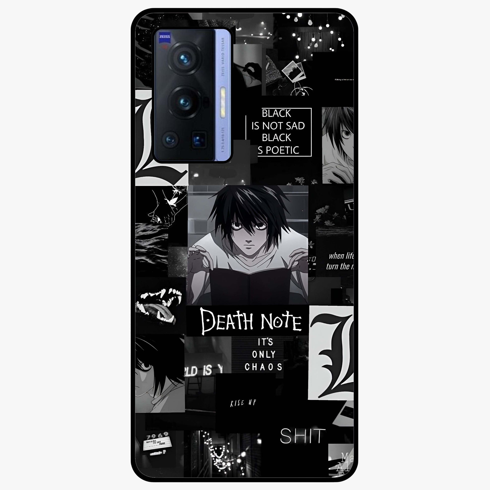 Midnight Chaos Mind Glass Case showing flat back view with abstract dark themed artwork and glossy glass finish.