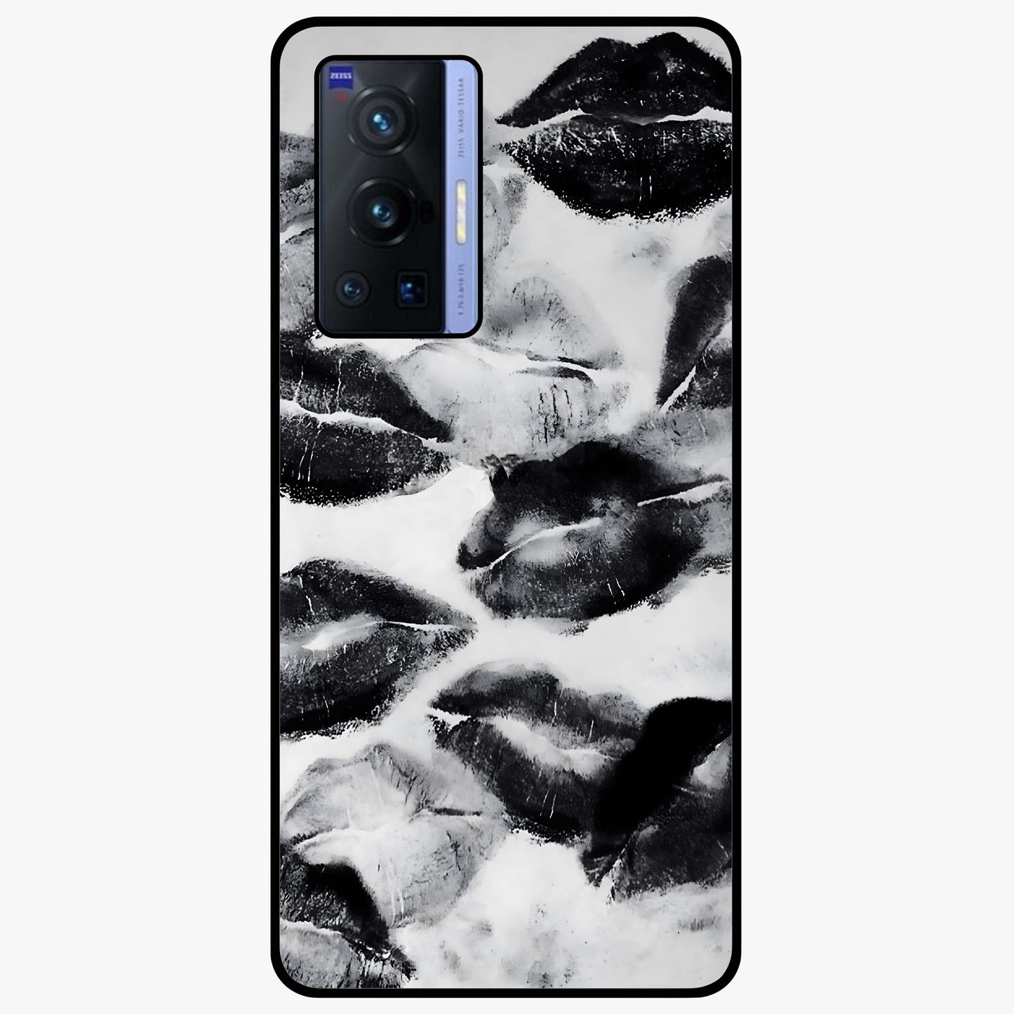 Midnight Kiss Marks Glass Case showing flat back view with lipstick kiss mark artwork and glossy glass finish.