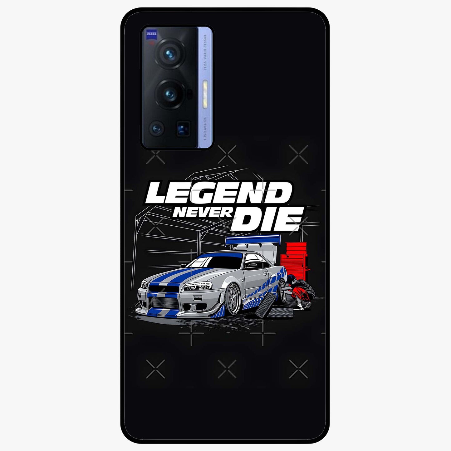 Midnight Racing Legacy Glass Case showing flat back view with sleek racing inspired artwork and glossy glass finish.