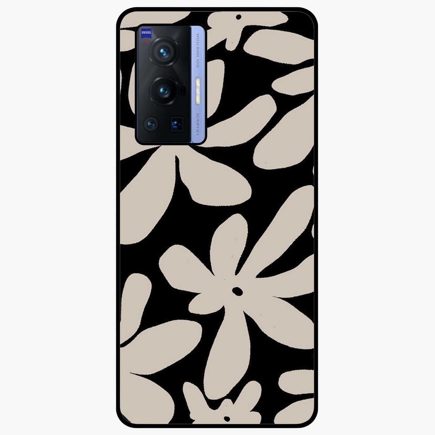 Monochrome Petal Dance Glass Case showing flat back view with monochrome floral artwork and glossy glass finish.