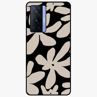 Monochrome Petal Dance Glass Case showing flat back view with monochrome floral artwork and glossy glass finish.