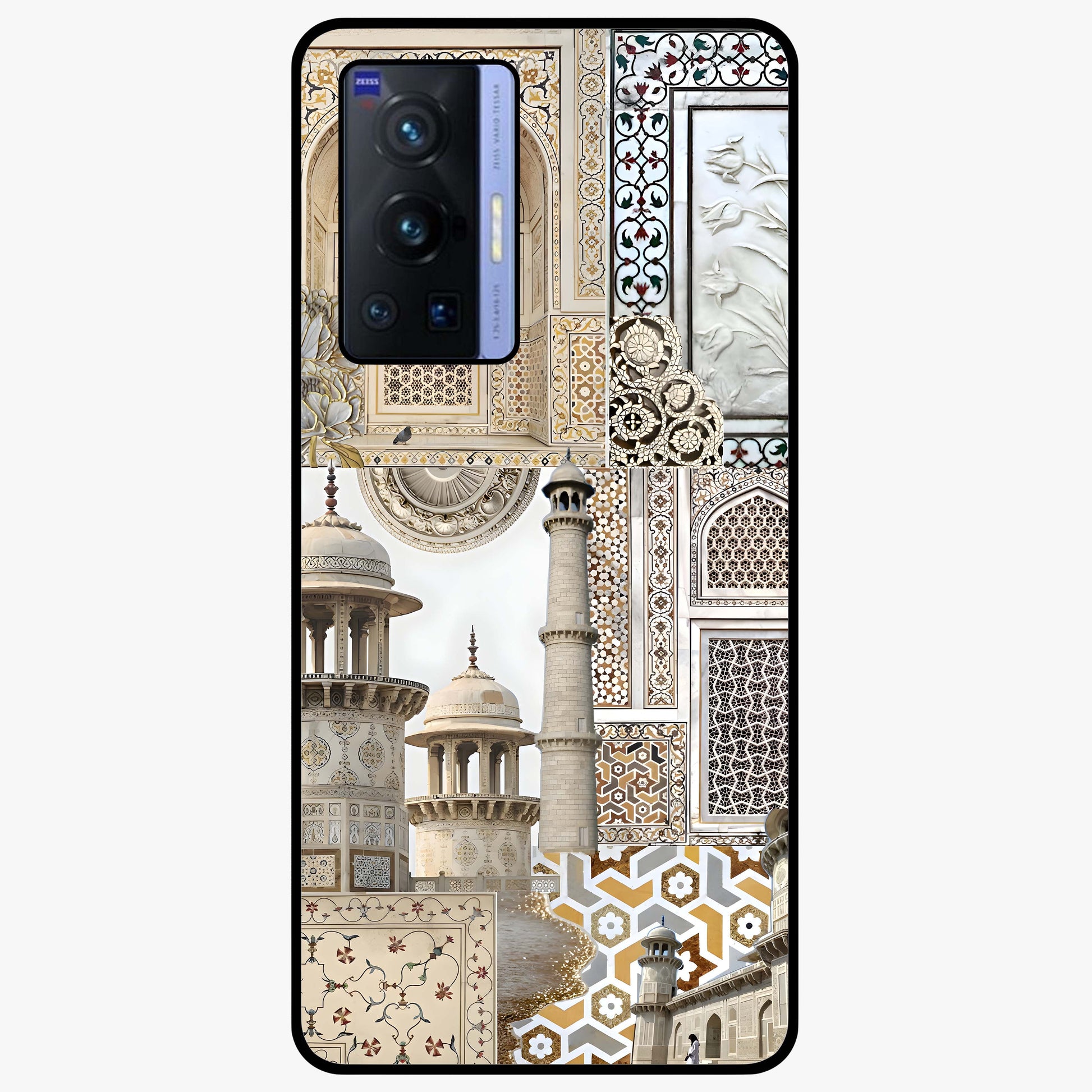 Mughal Marble Legacy Glass Case showing flat back view with intricate Mughal inspired marble pattern and glossy glass finish.