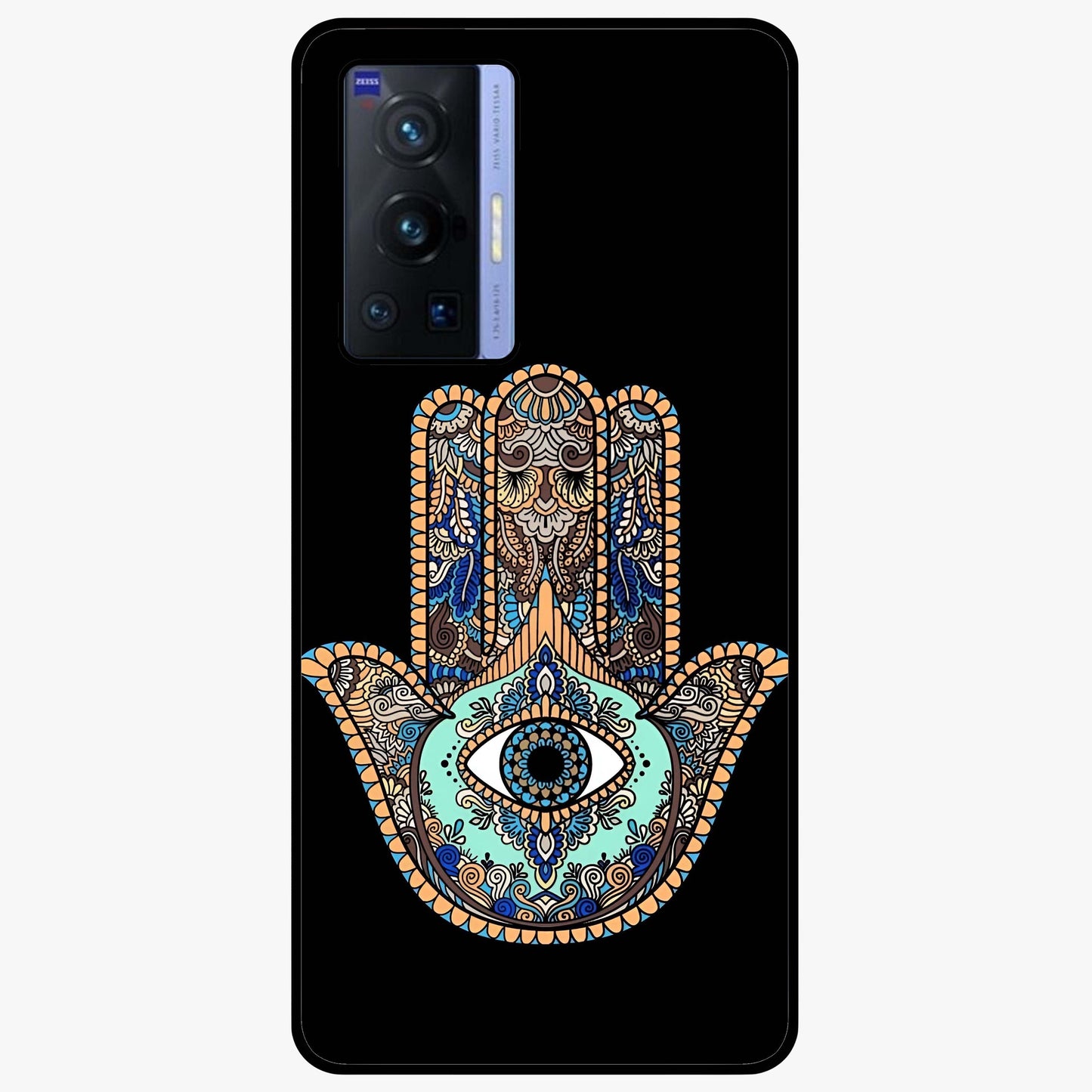 Mystic Hamsa Eye Glass Case showing flat back view with protective hamsa hand and evil eye artwork and glossy glass finish.