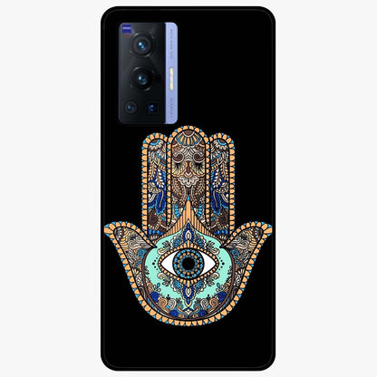 Mystic Hamsa Eye Glass Case showing flat back view with protective hamsa hand and evil eye artwork and glossy glass finish.