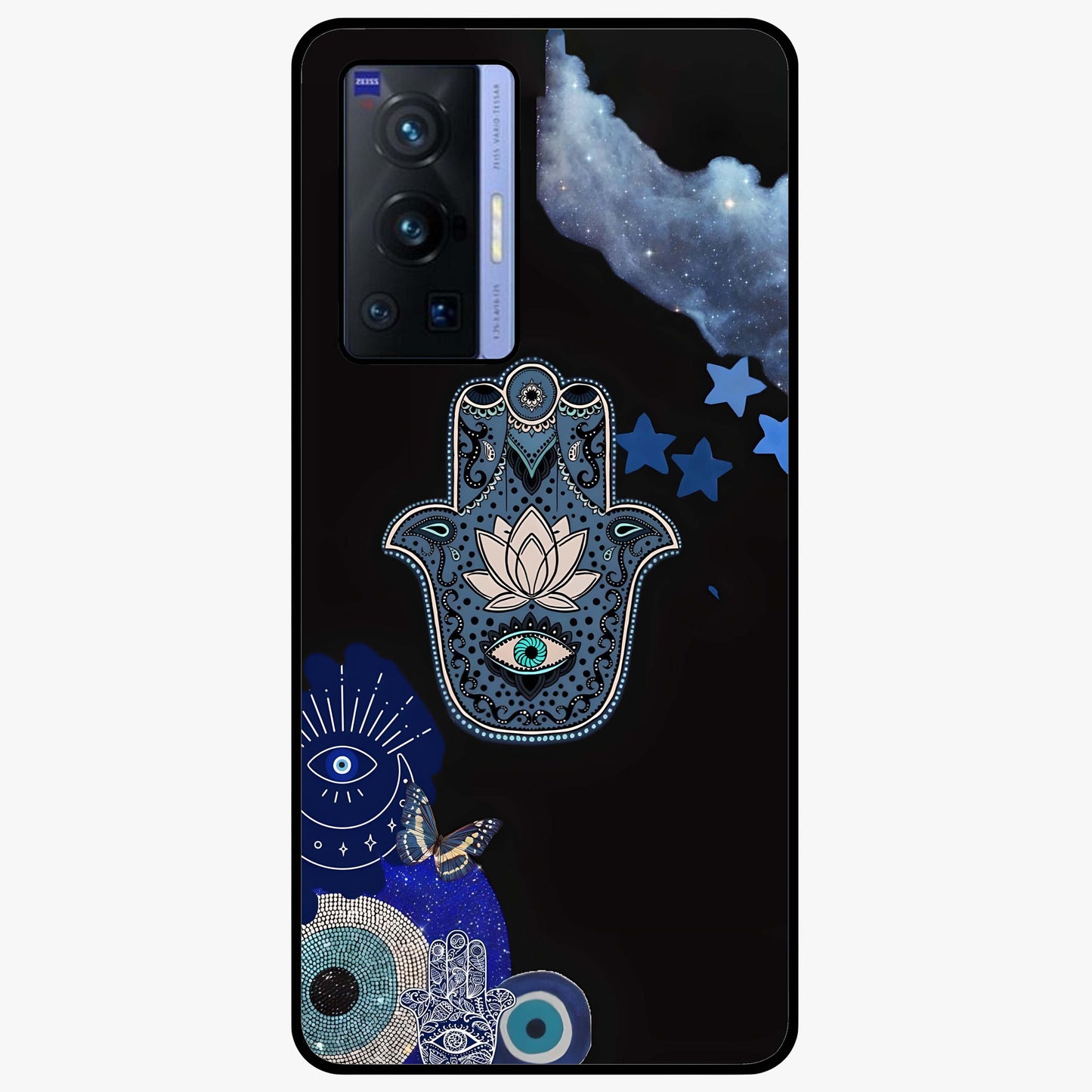 Mystic Hand Aura Glass Case showing flat back view with mystical hand symbol artwork and glossy glass finish.