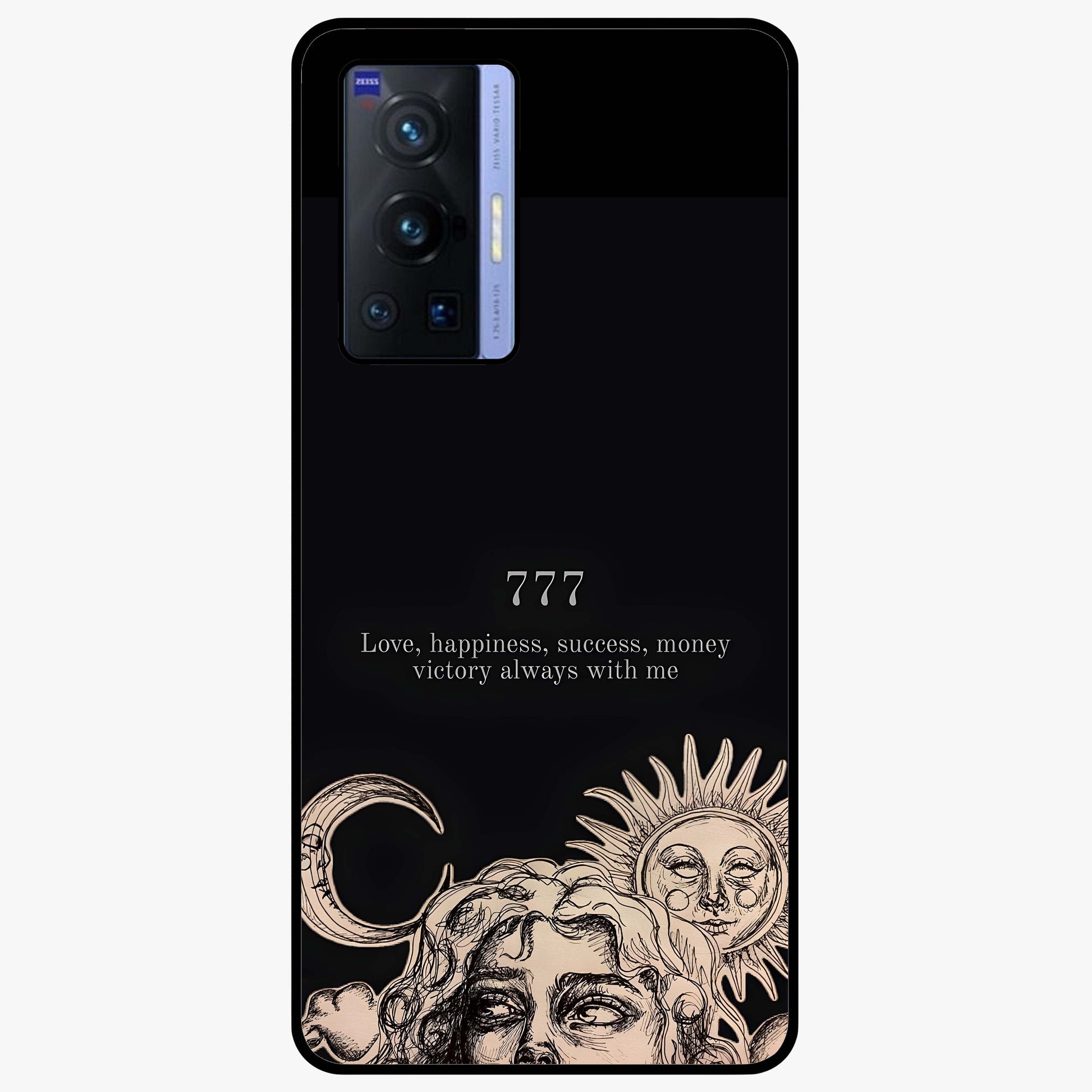 Mystic Victory Aura Glass Case showing flat back view with victory symbol artwork and glossy glass finish.