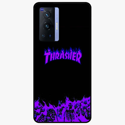 Neon Flame Riot Glass Case showing flat back view with neon flame artwork and glossy glass finish.