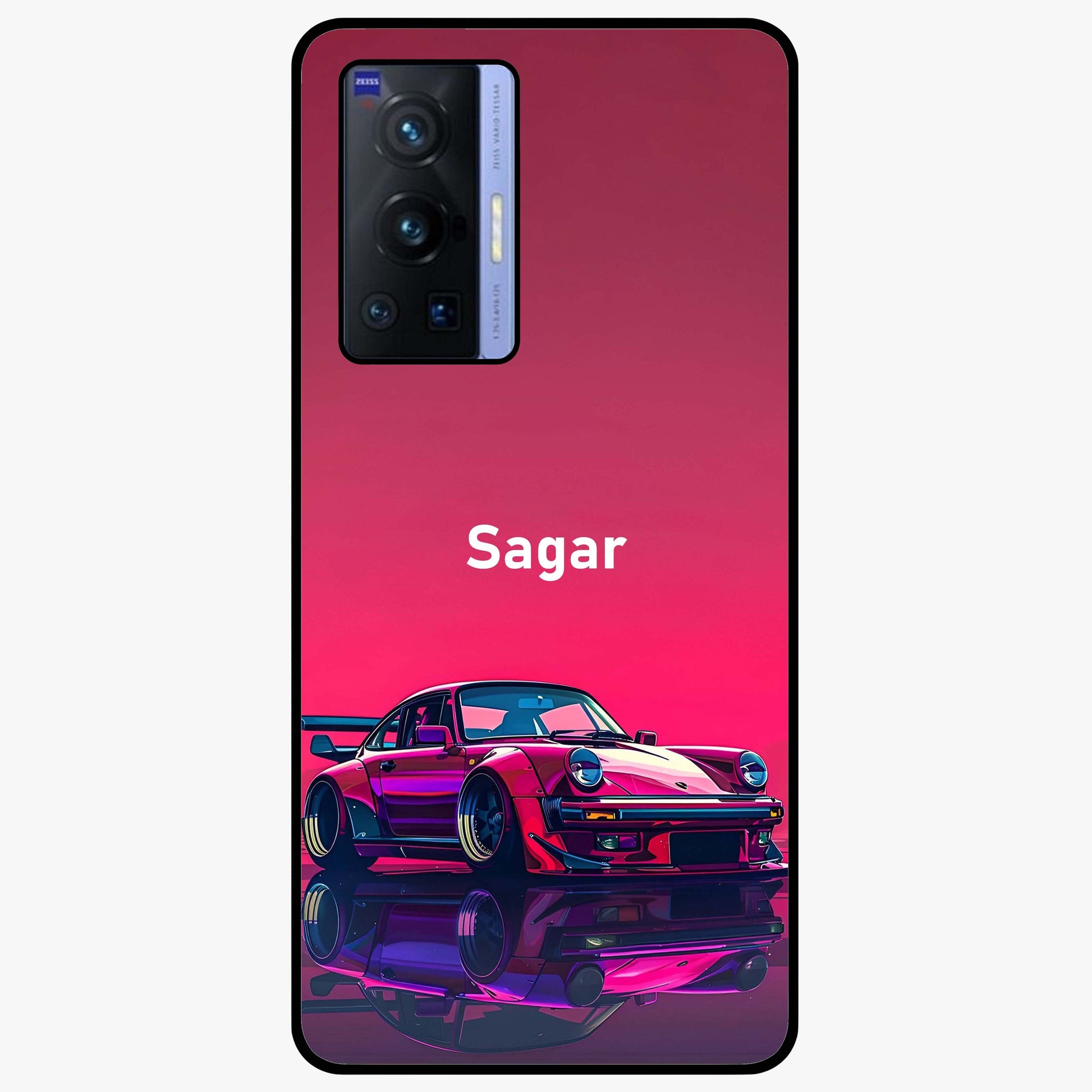 Neon Pink Porsche Glass Case showing flat back view with stylish sports car artwork and glossy glass finish.