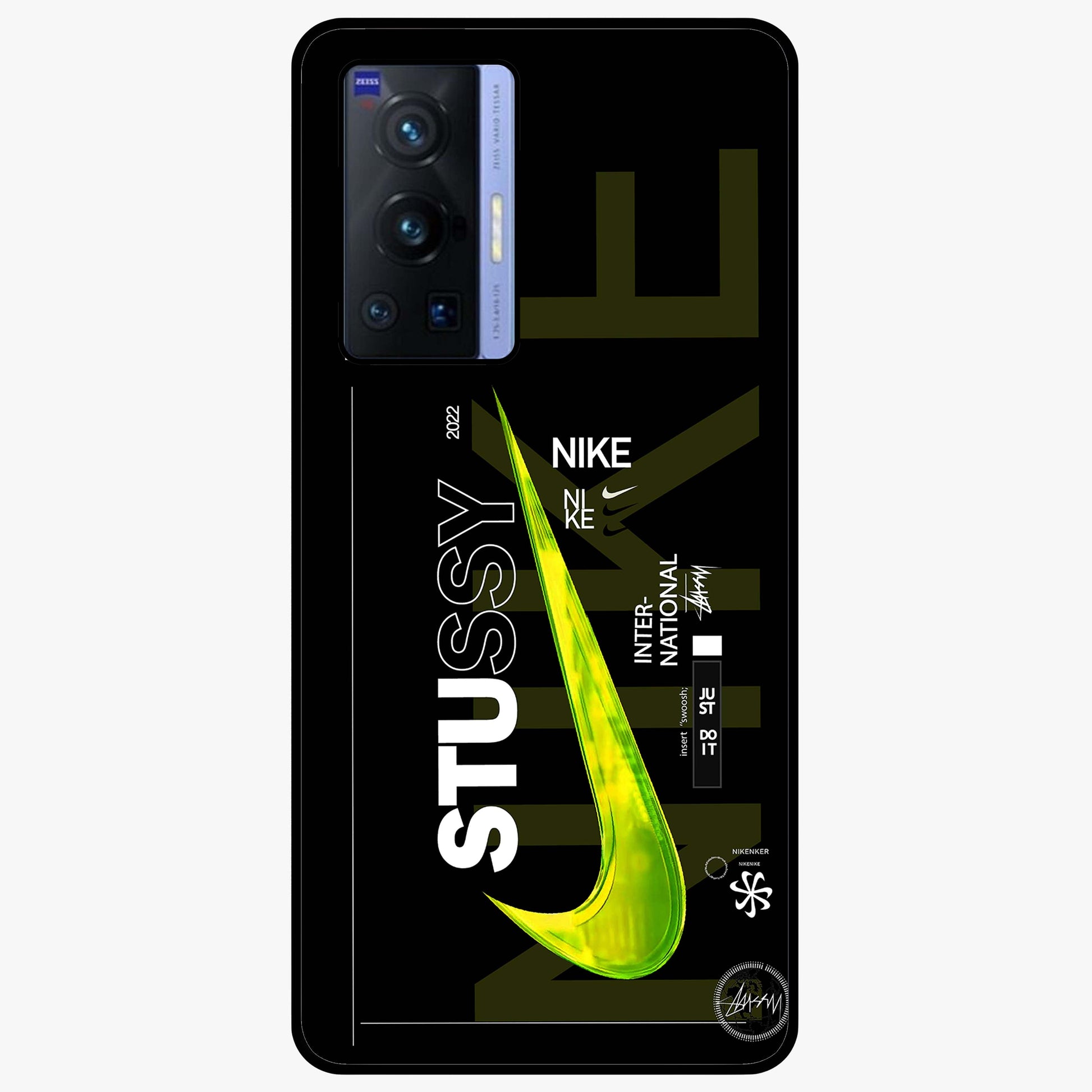 Neon Street Edition Glass Case showing flat back view with neon street style artwork and glossy glass finish.