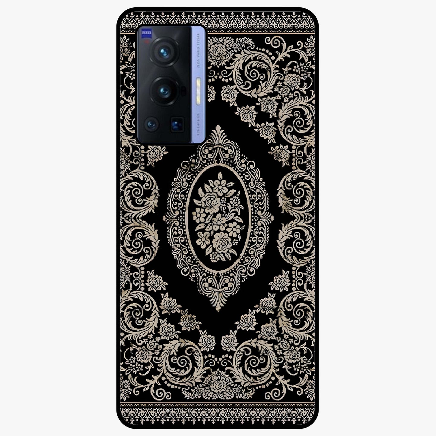 Noir Bloom Elegance Glass Case showing flat back view with elegant dark floral artwork and glossy glass finish.