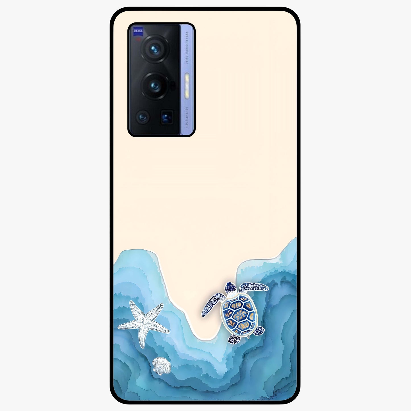 Ocean Drift Turtle Glass Case showing flat back view with sea turtle artwork and glossy glass finish.