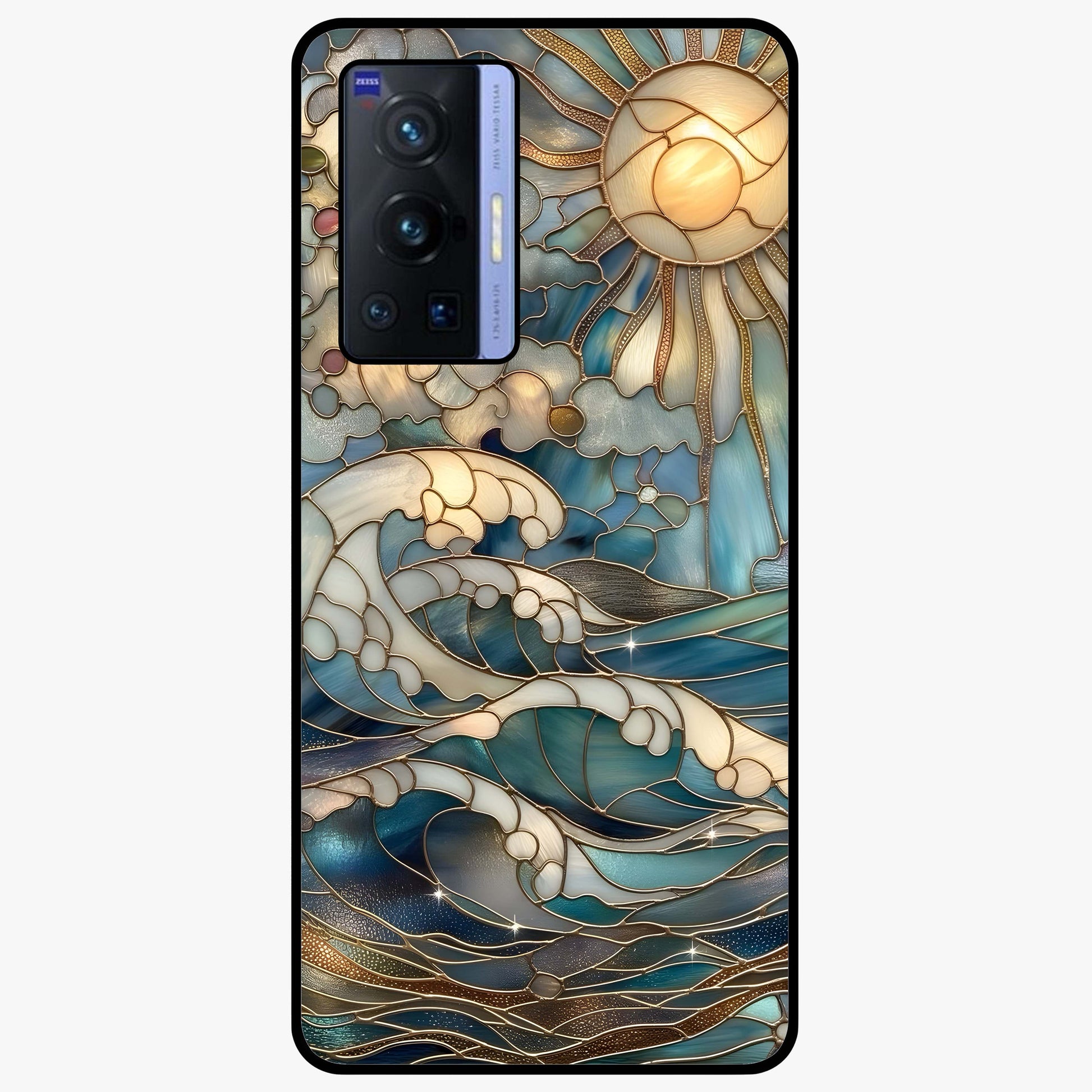 Oceanic Stained Printed Glass Case showing flat back view with ocean inspired stained pattern artwork and glossy glass finish.