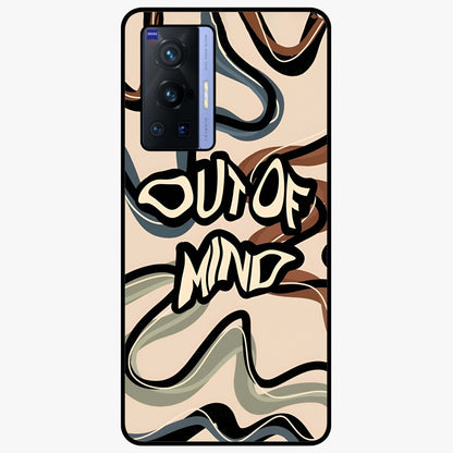 Out Of Mind Glass Case showing flat back view with expressive typography artwork and glossy glass finish.