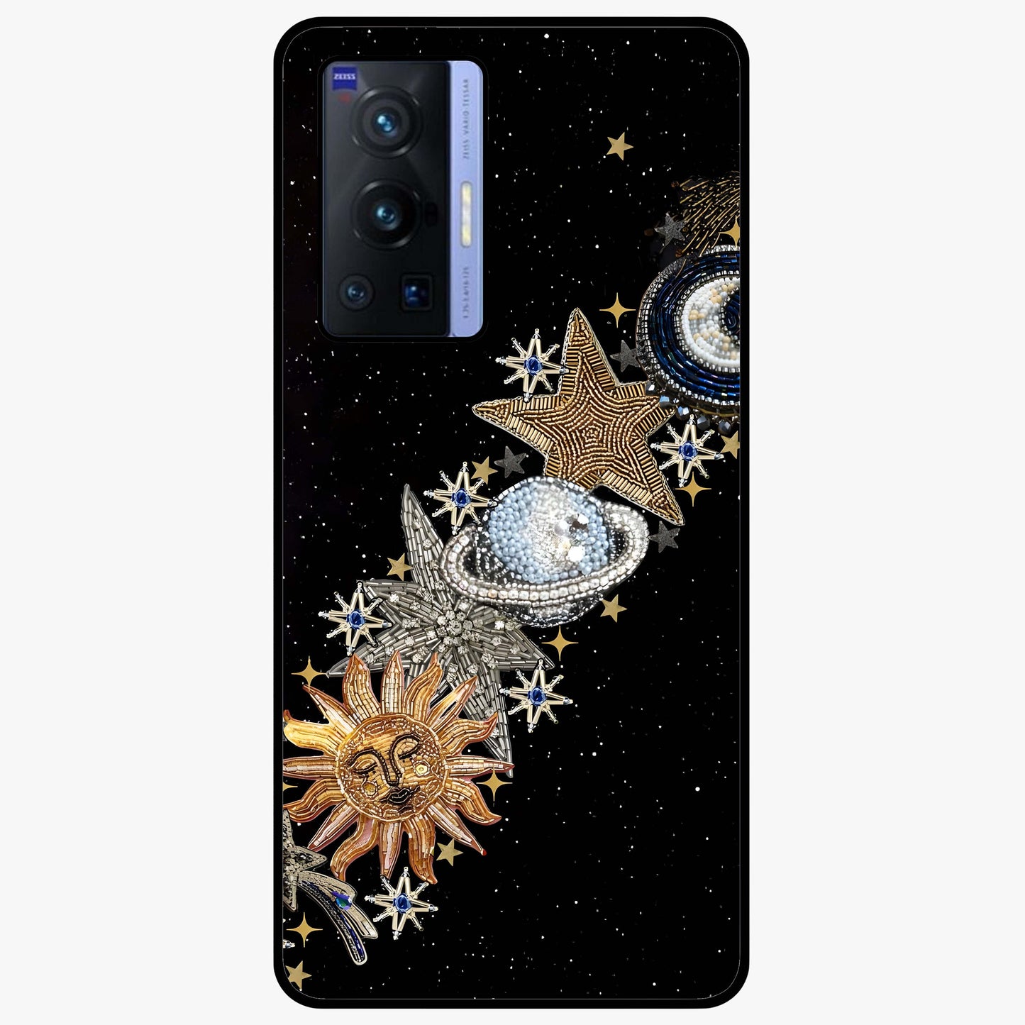 Pearls Universe Object Glass Case showing flat back view with pearl inspired cosmic artwork and glossy glass finish.