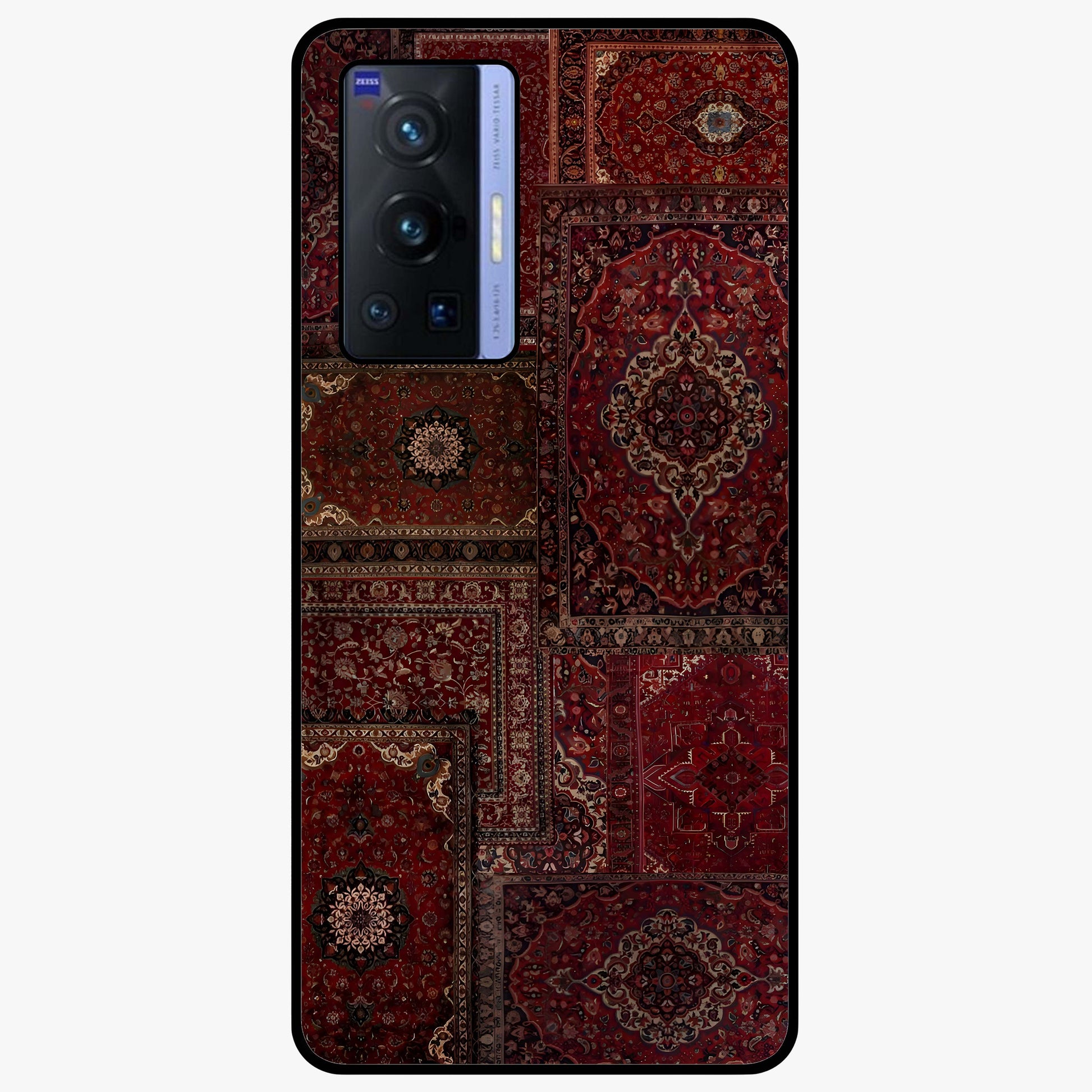 Persian Velvet Tale Glass Case showing flat back view with luxurious Persian velvet pattern artwork and glossy glass finish.