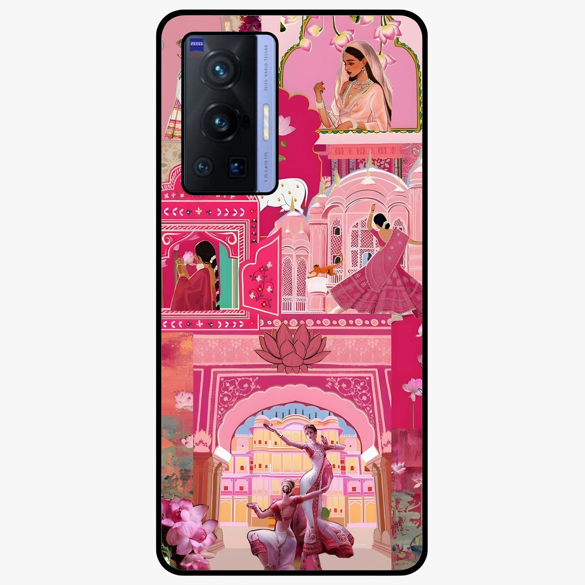 Pink Palace Muse Glass Case showing flat back view with elegant palace inspired artwork and glossy glass finish.